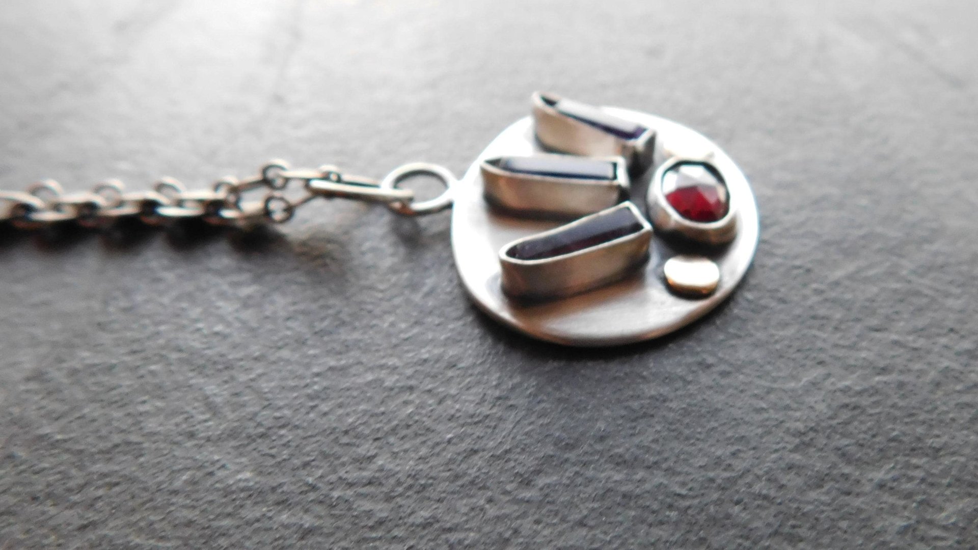 Amethyst Quartz Crystal Point Garnet Sterling Silver 14K Gold Mixed Metal Multi Stone Pendant Necklace