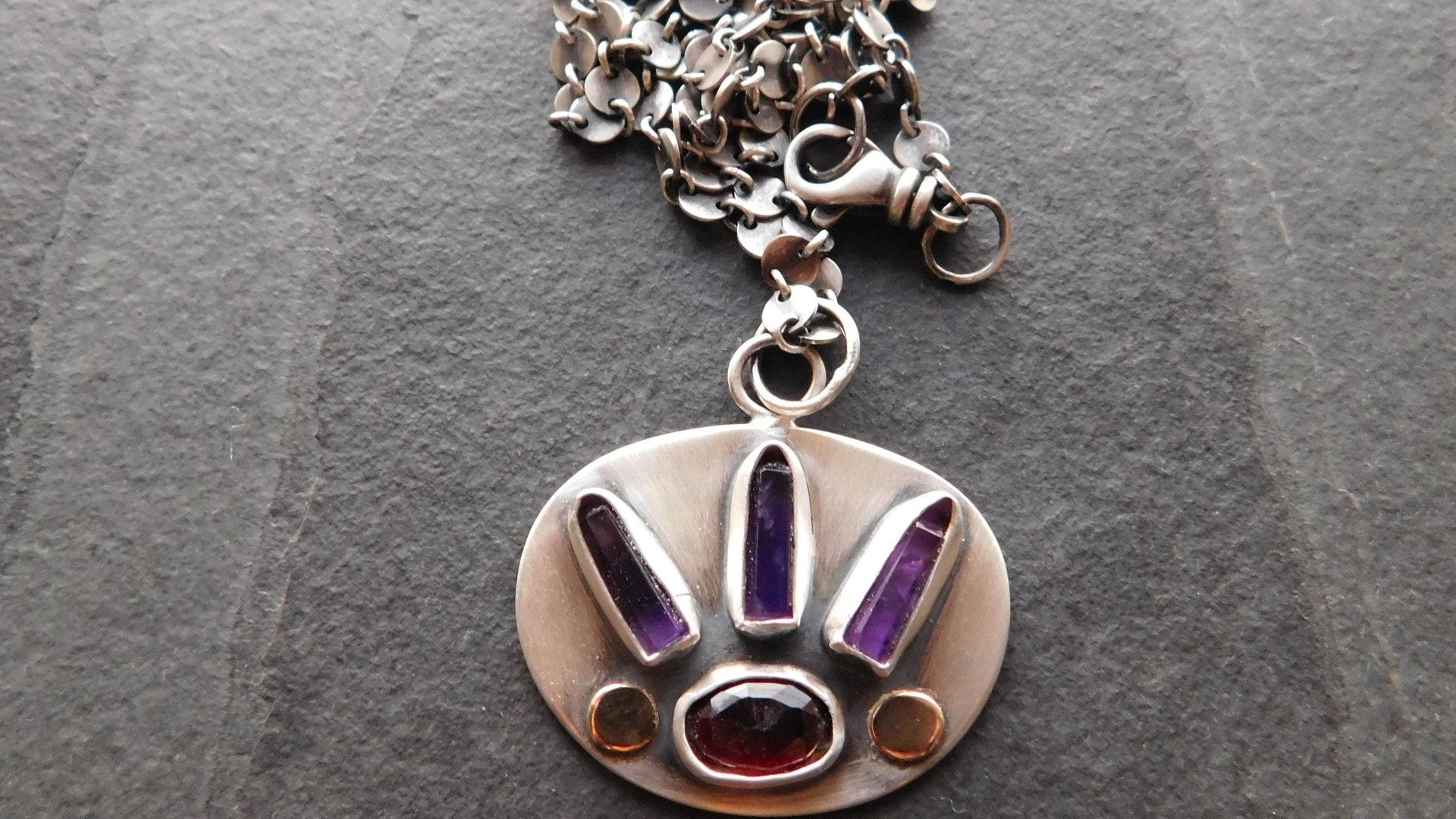 Amethyst Quartz Crystal Point Garnet Sterling Silver 14K Gold Mixed Metal Multi Stone Pendant Necklace