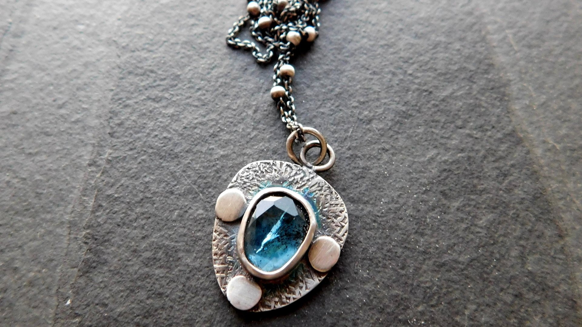 Teal Moss Kyanite Textured Sterling Silver Pendant Necklace