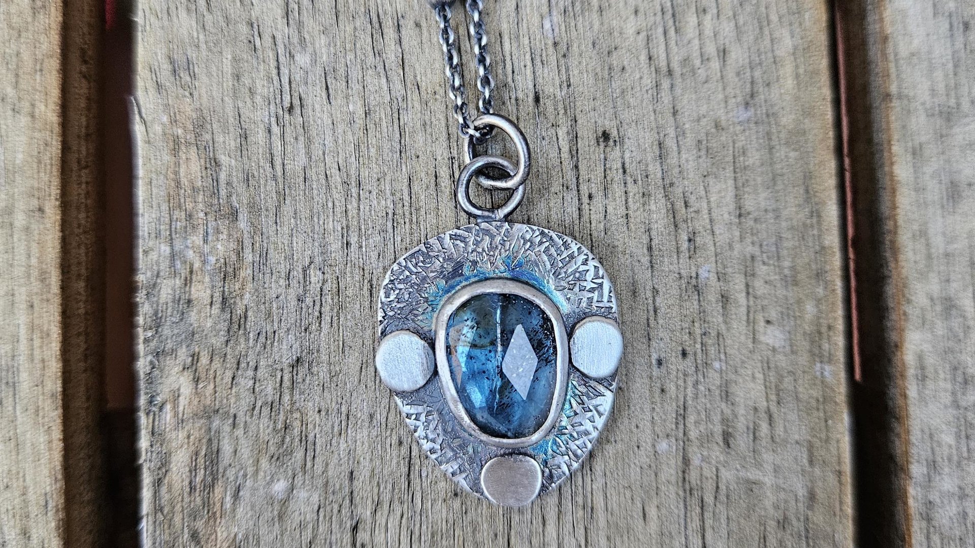 Teal Moss Kyanite Textured Sterling Silver Pendant Necklace