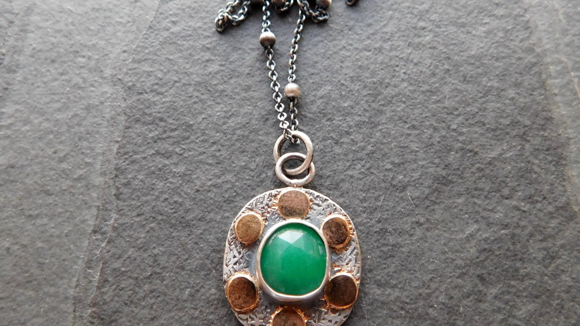 Natural Rosecut Zambian Emerald Textured Sterling Silver 14K Gold Dot Mixed Metal Pendant Necklace