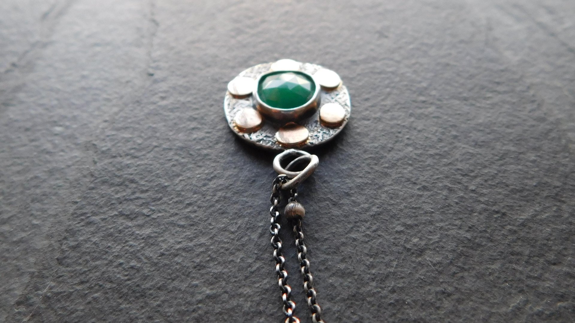 Natural Rosecut Zambian Emerald Textured Sterling Silver 14K Gold Dot Mixed Metal Pendant Necklace