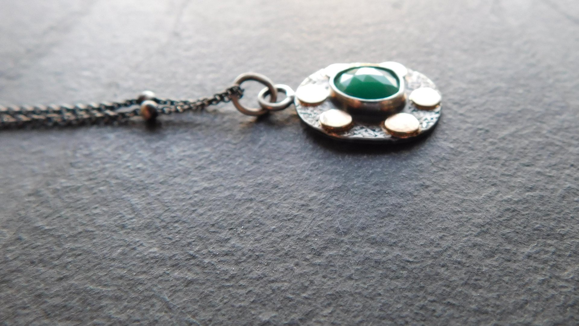 Natural Rosecut Zambian Emerald Textured Sterling Silver 14K Gold Dot Mixed Metal Pendant Necklace