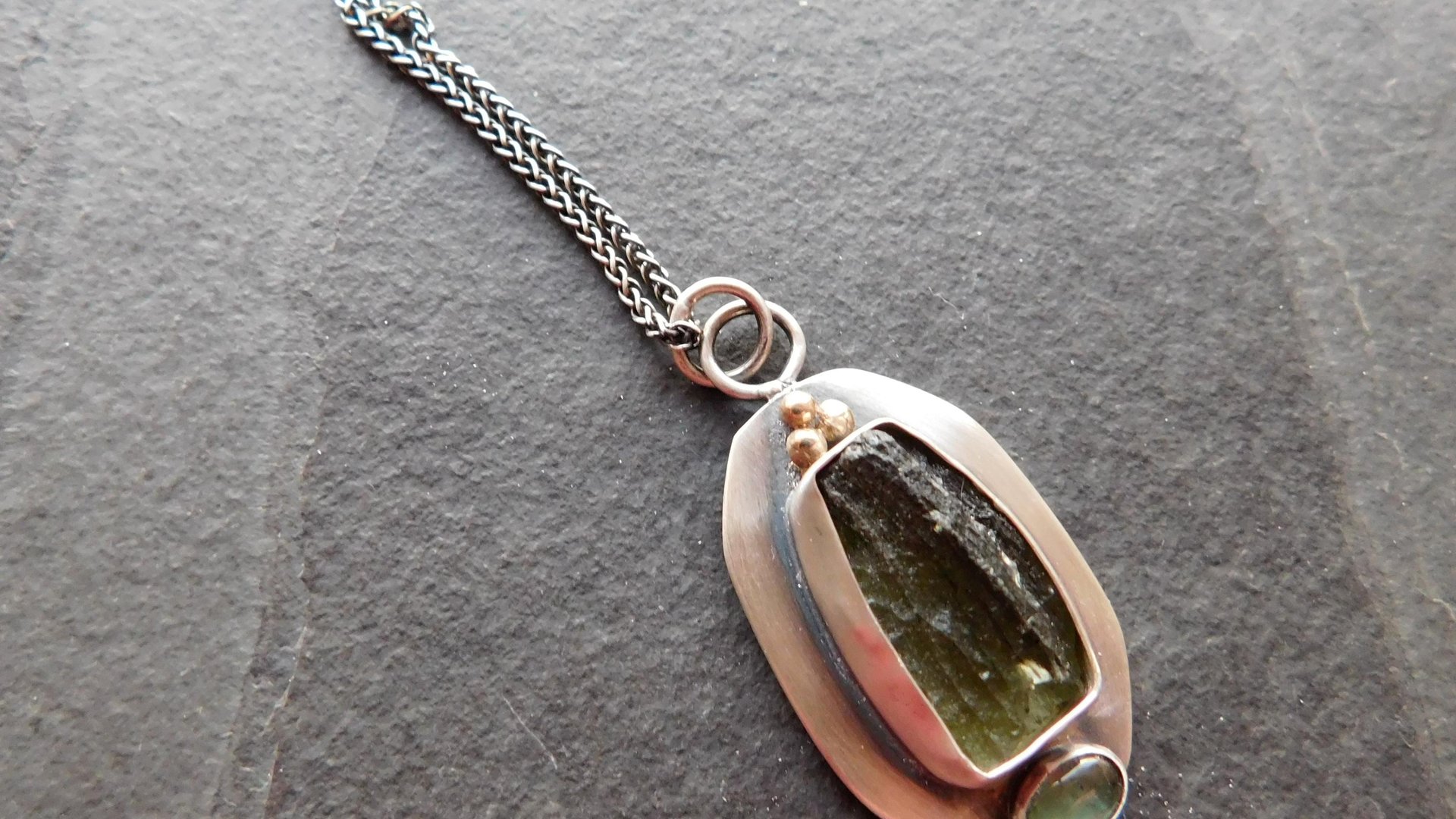 Natural Rough Moldavite Light Green Tourmaline Sterling Silver 14K Gold Accents Pendant Necklace