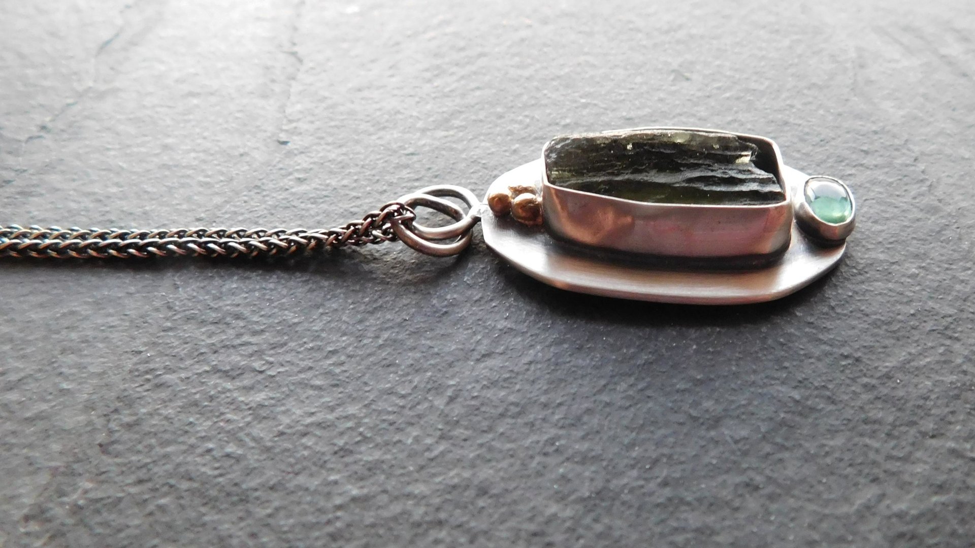 Natural Rough Moldavite Light Green Tourmaline Sterling Silver 14K Gold Accents Pendant Necklace