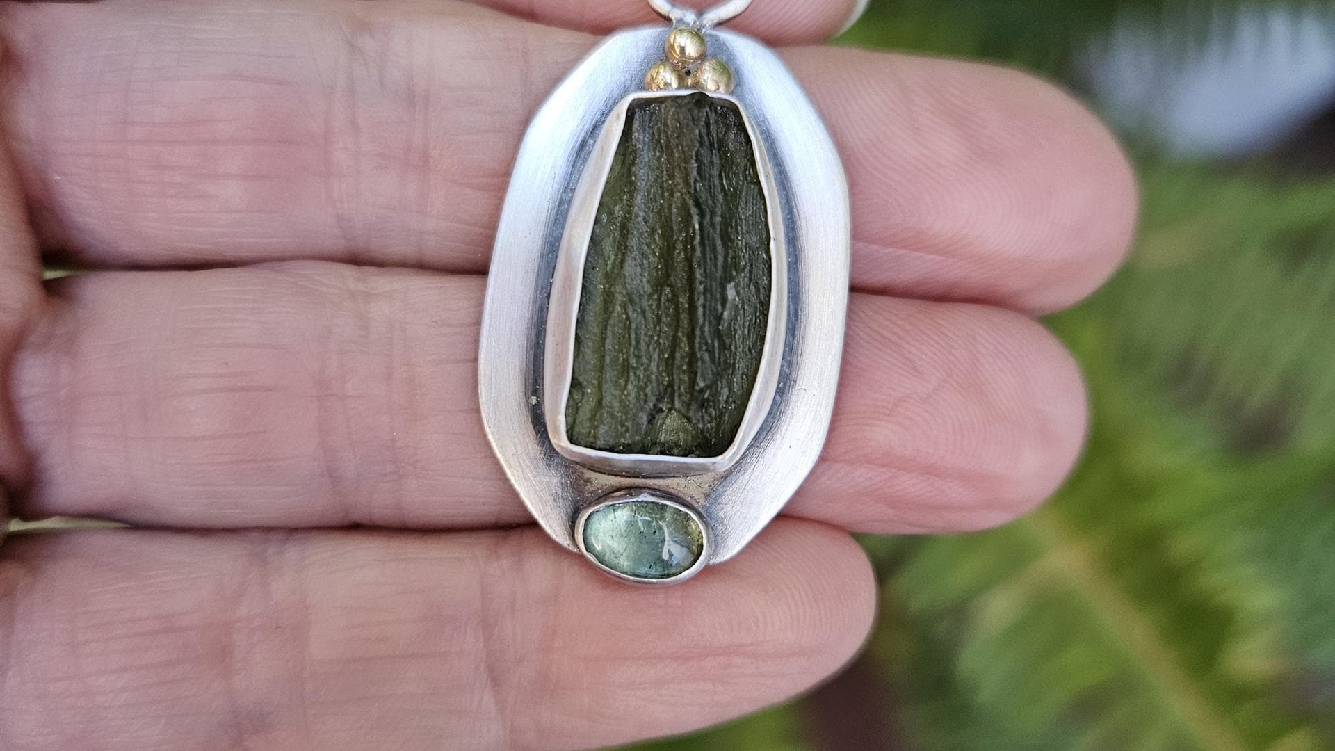 Natural Rough Moldavite Light Green Tourmaline Sterling Silver 14K Gold Accents Pendant Necklace