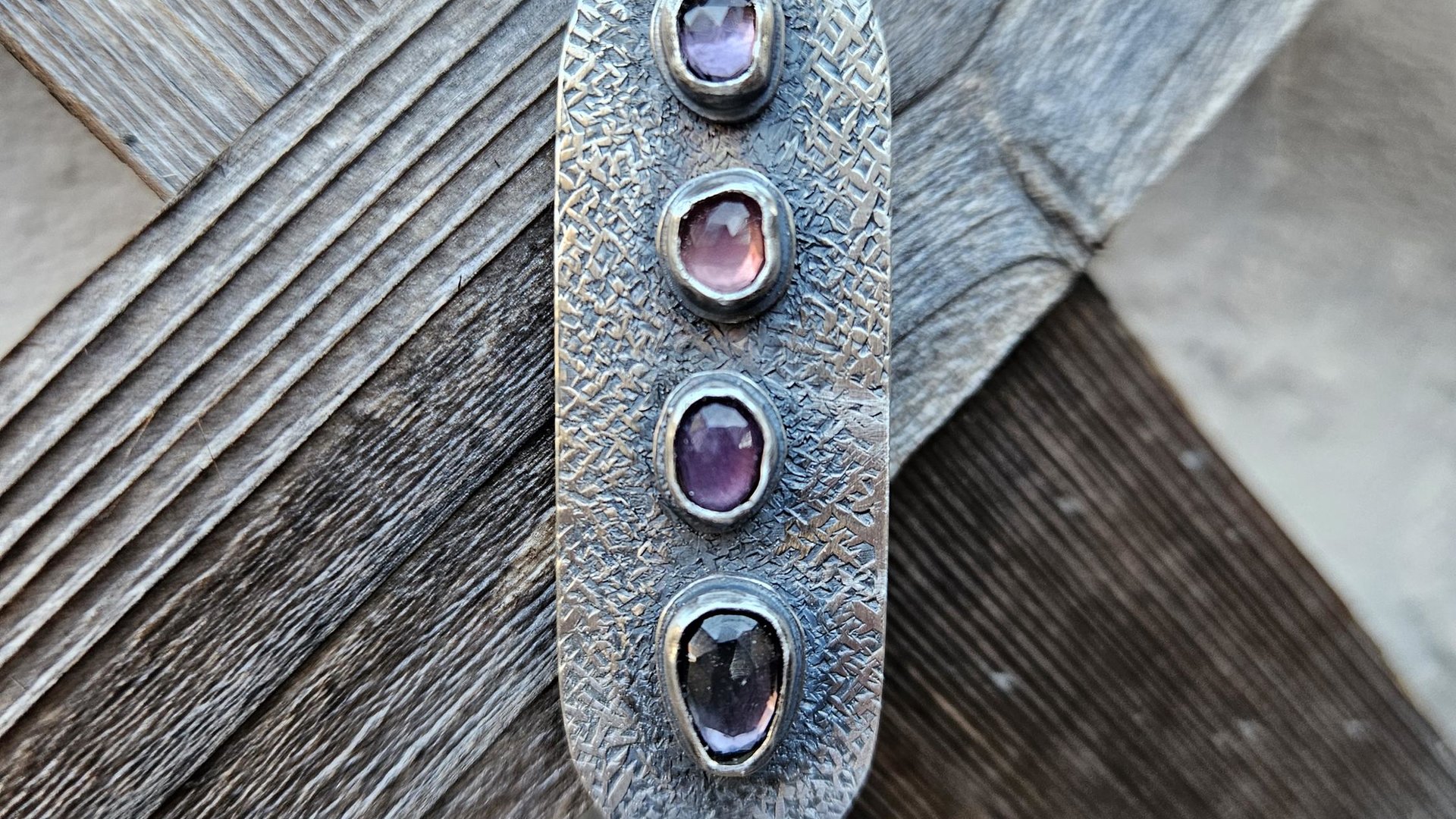 Spinel Shades of Violet Multi Stone Textured Sterling Silver 14K Gold Accent Pendant Necklace