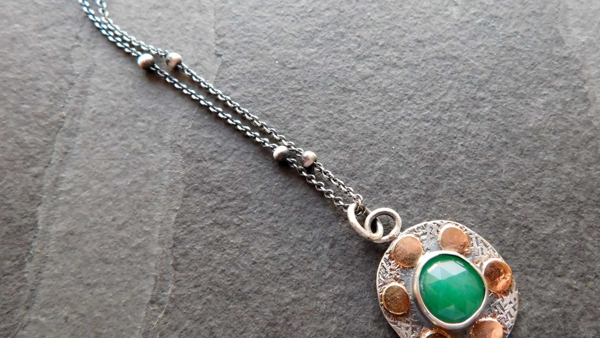 Natural Rosecut Zambian Emerald Textured Sterling Silver 14K Gold Dot Mixed Metal Pendant Necklace