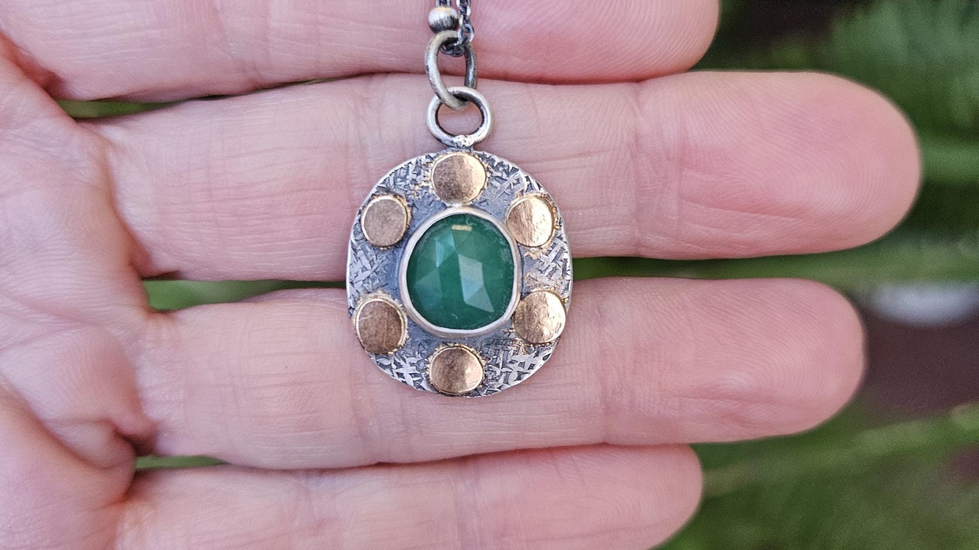Natural Rosecut Zambian Emerald Textured Sterling Silver 14K Gold Dot Mixed Metal Pendant Necklace