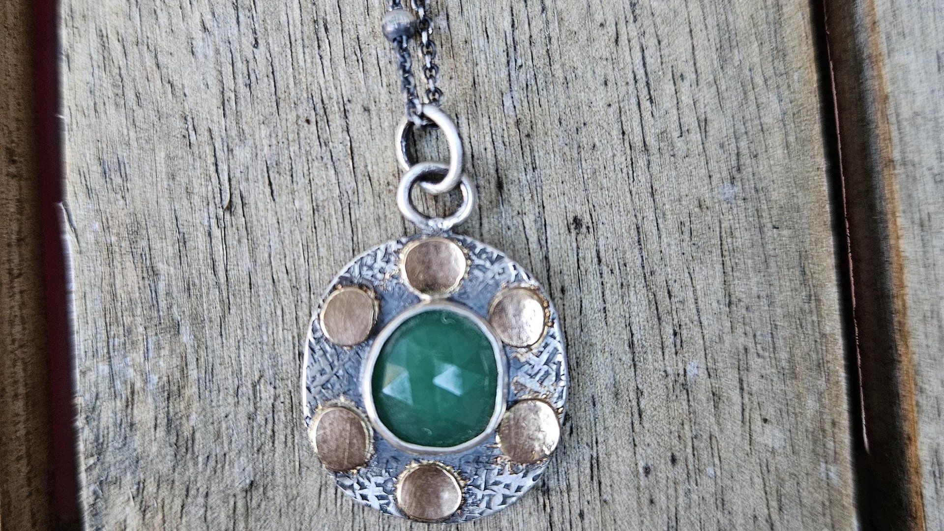 Natural Rosecut Zambian Emerald Textured Sterling Silver 14K Gold Dot Mixed Metal Pendant Necklace