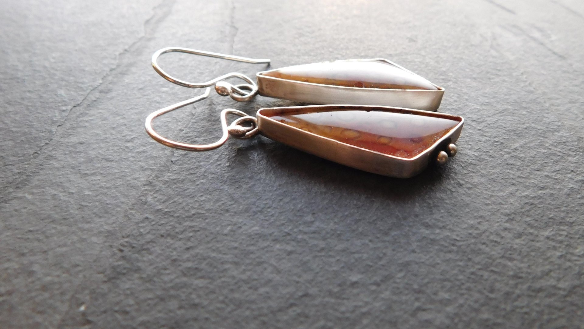 Orange Yellow Fossil Coral Sterling Silver Dangle Earrings