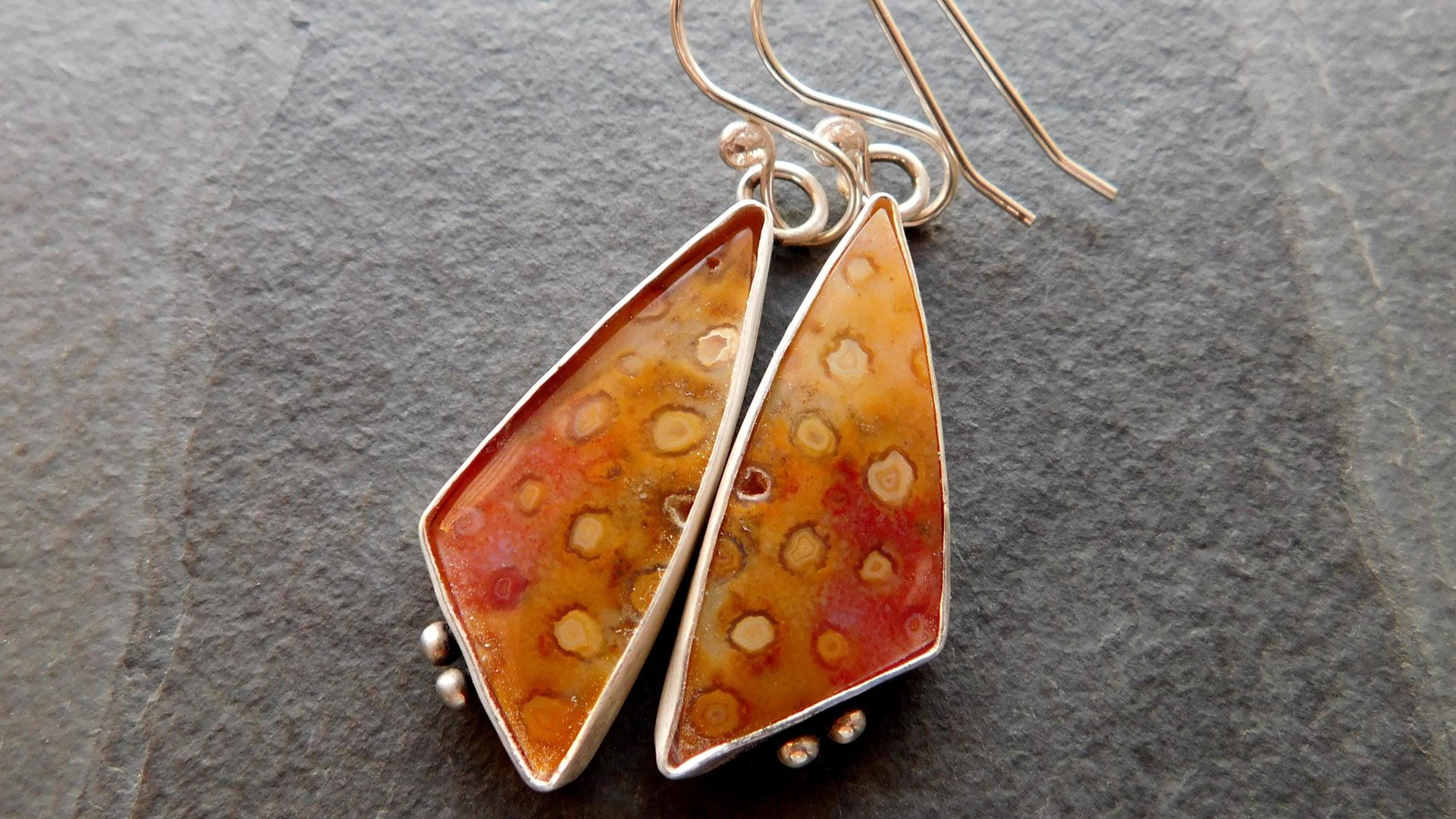 Orange Yellow Fossil Coral Sterling Silver Dangle Earrings