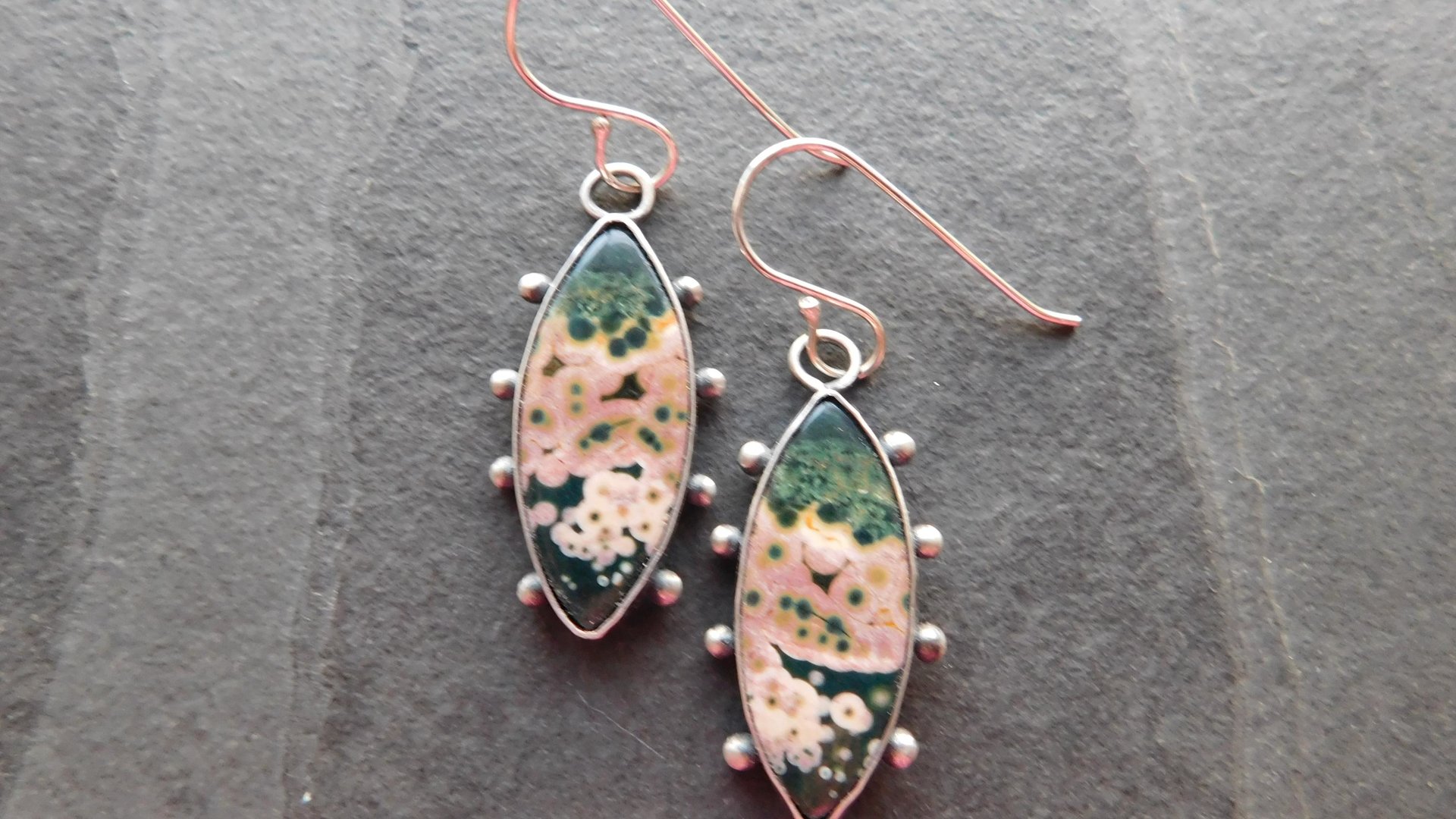 Forest Green Mauve Pink Ocean Jasper Oxidized Sterling Silver Dotted Dangle Earrings