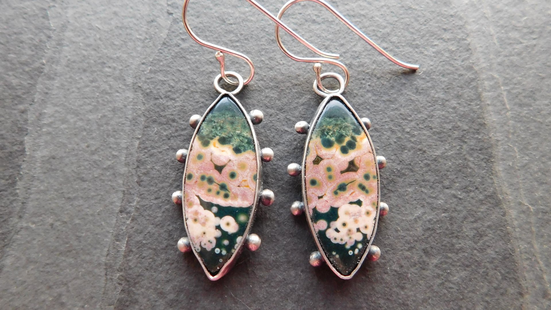 Forest Green Mauve Pink Ocean Jasper Oxidized Sterling Silver Dotted Dangle Earrings