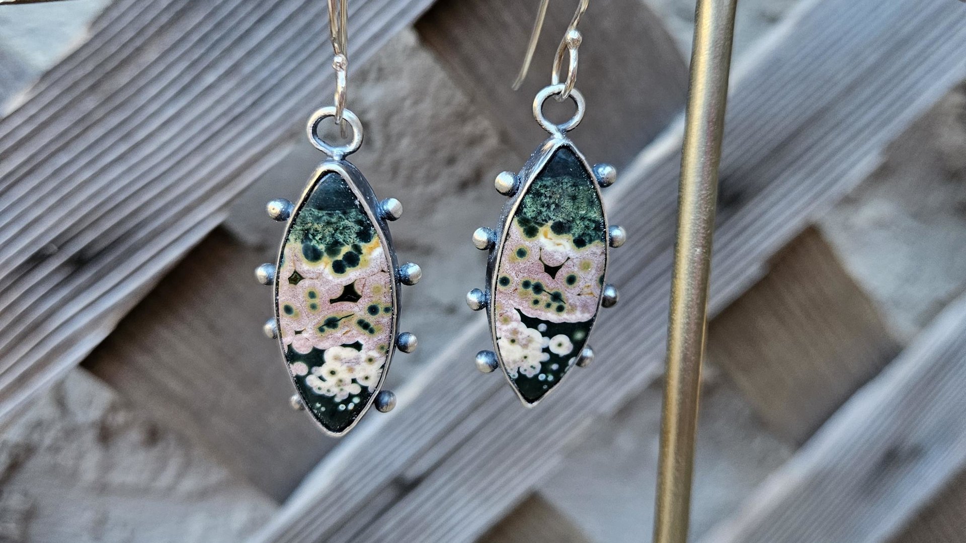 Forest Green Mauve Pink Ocean Jasper Oxidized Sterling Silver Dotted Dangle Earrings
