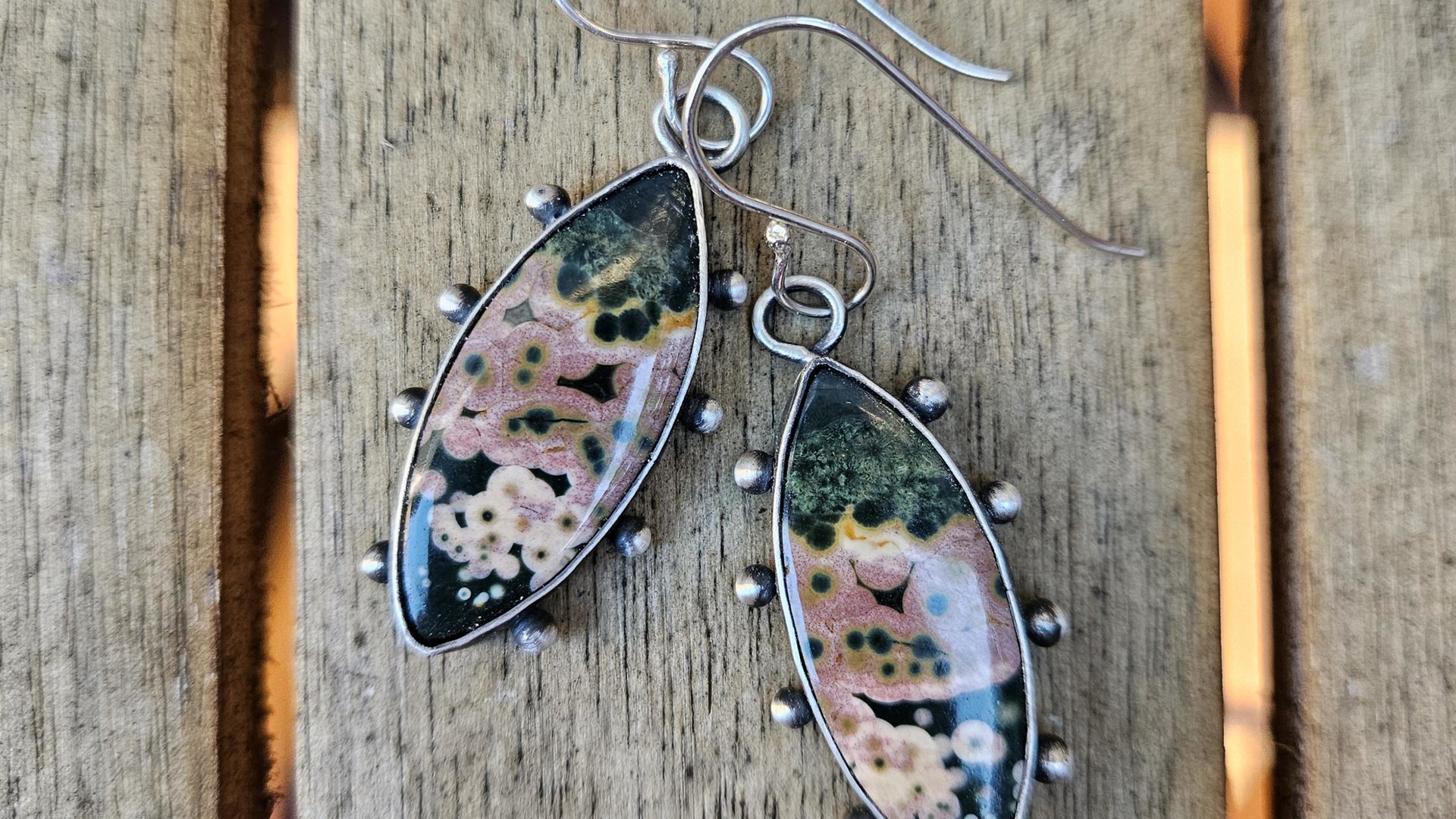 Forest Green Mauve Pink Ocean Jasper Oxidized Sterling Silver Dotted Dangle Earrings