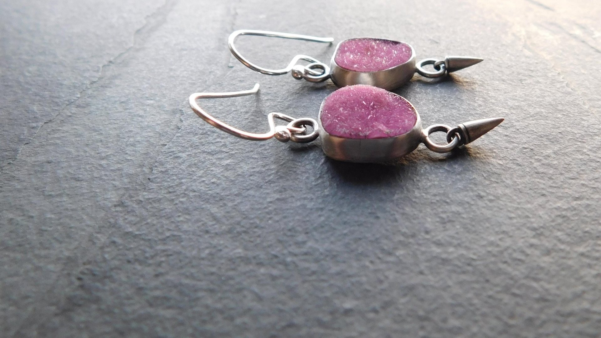 Fuchsia Pink Cobalto Calcite Druzy Oxidized Sterling Silver Dangle Earrings