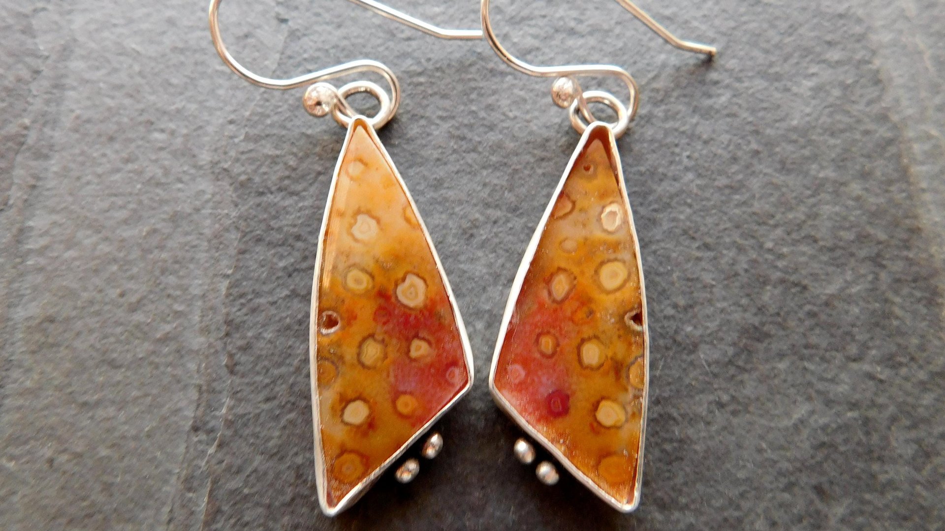 Orange Yellow Fossil Coral Sterling Silver Dangle Earrings