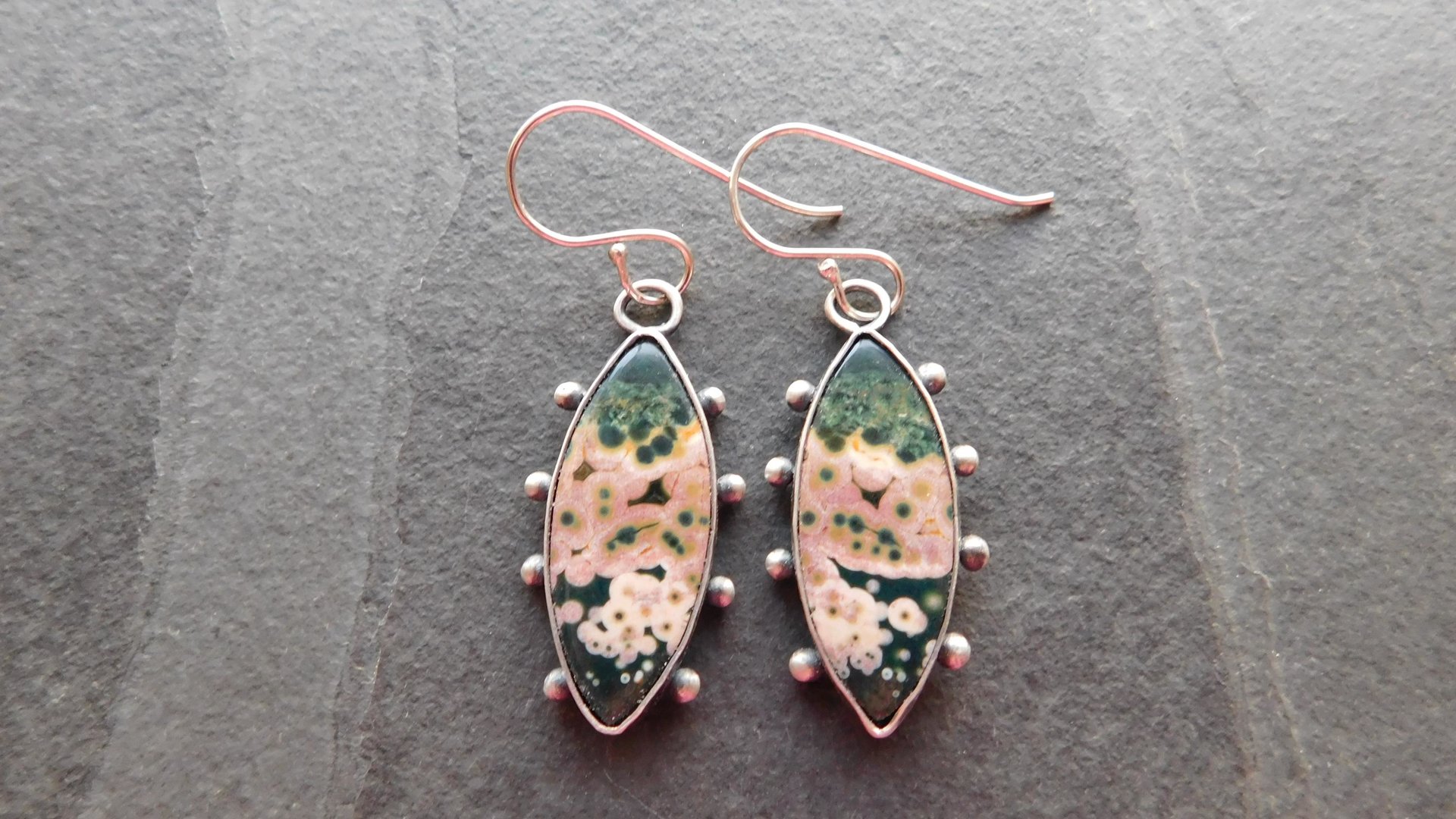 Forest Green Mauve Pink Ocean Jasper Oxidized Sterling Silver Dotted Dangle Earrings