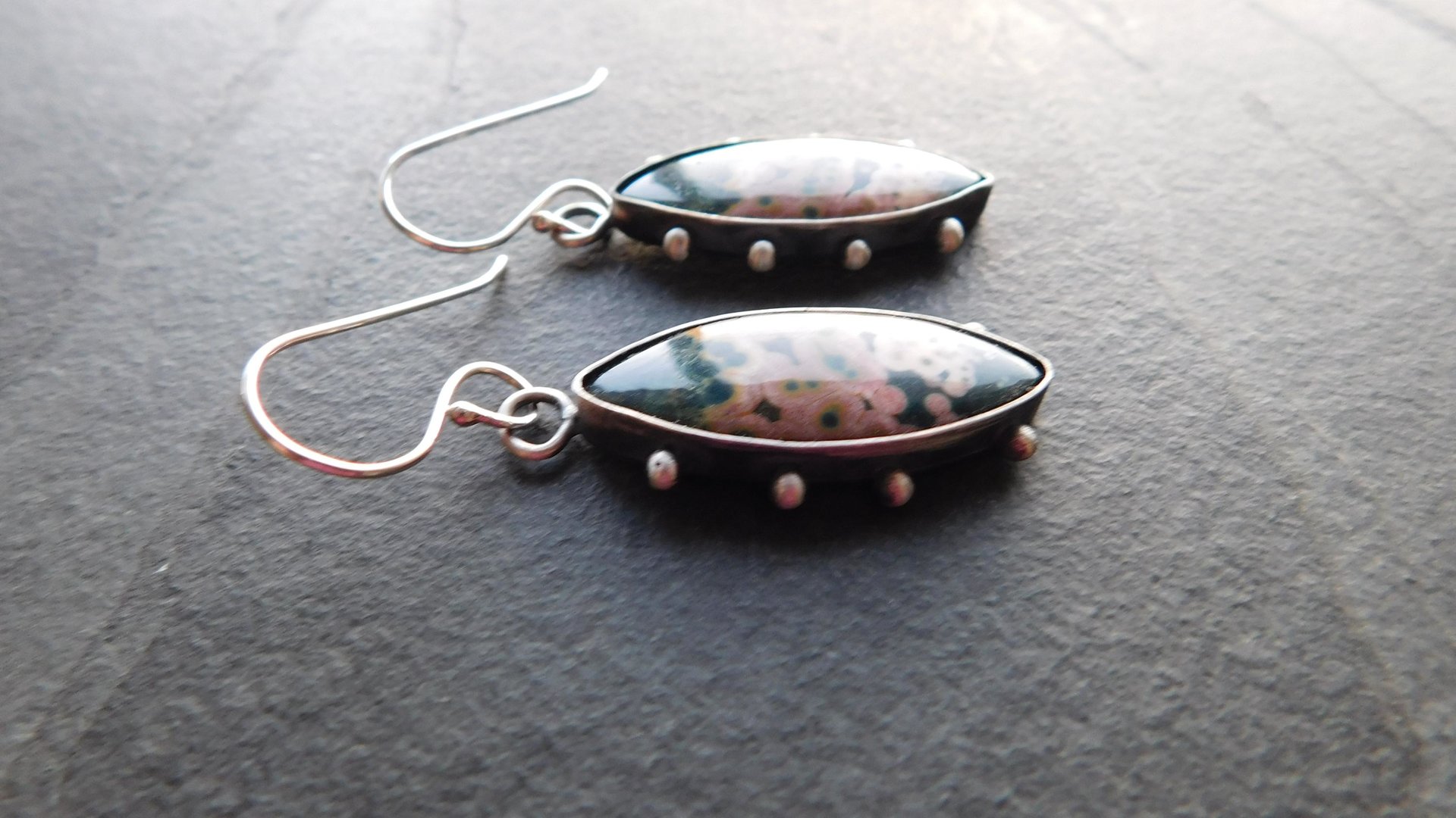 Forest Green Mauve Pink Ocean Jasper Oxidized Sterling Silver Dotted Dangle Earrings
