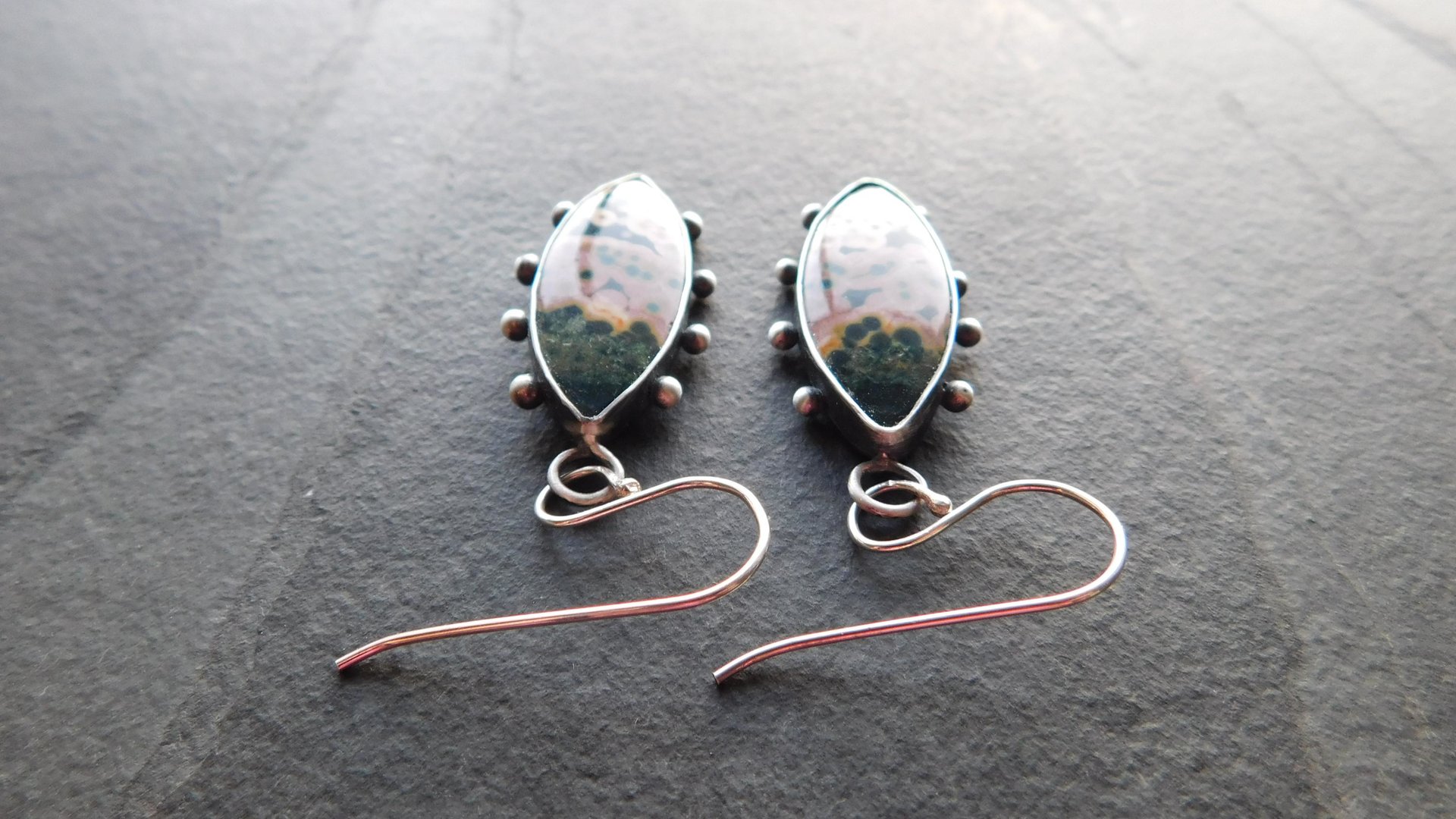 Forest Green Mauve Pink Ocean Jasper Oxidized Sterling Silver Dotted Dangle Earrings
