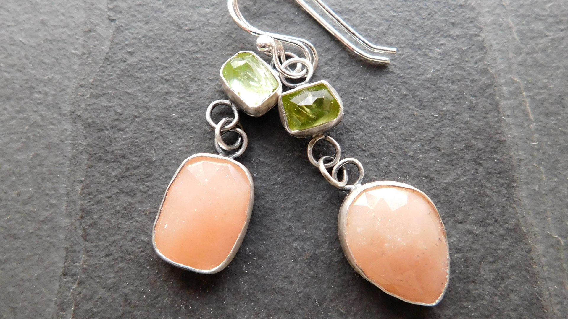 Peach Moonstone Lime Green Tourmaline Oxidized Sterling Silver Mismatched Dangle Earrings
