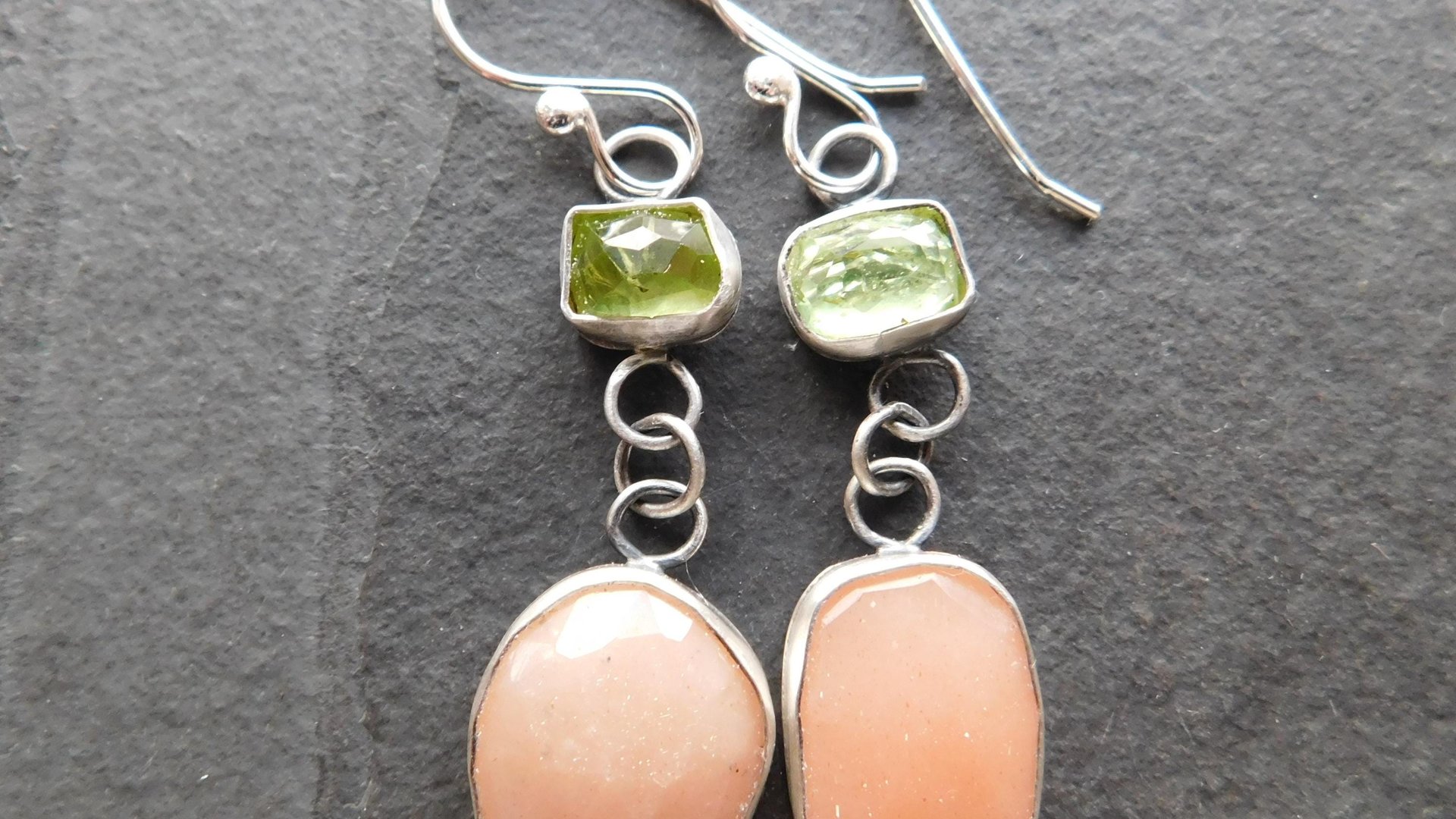 Peach Moonstone Lime Green Tourmaline Oxidized Sterling Silver Mismatched Dangle Earrings