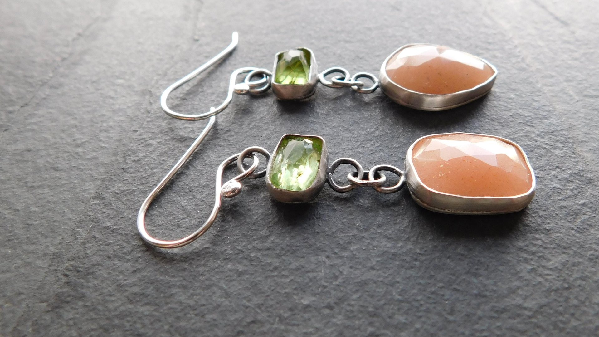 Peach Moonstone Lime Green Tourmaline Oxidized Sterling Silver Mismatched Dangle Earrings