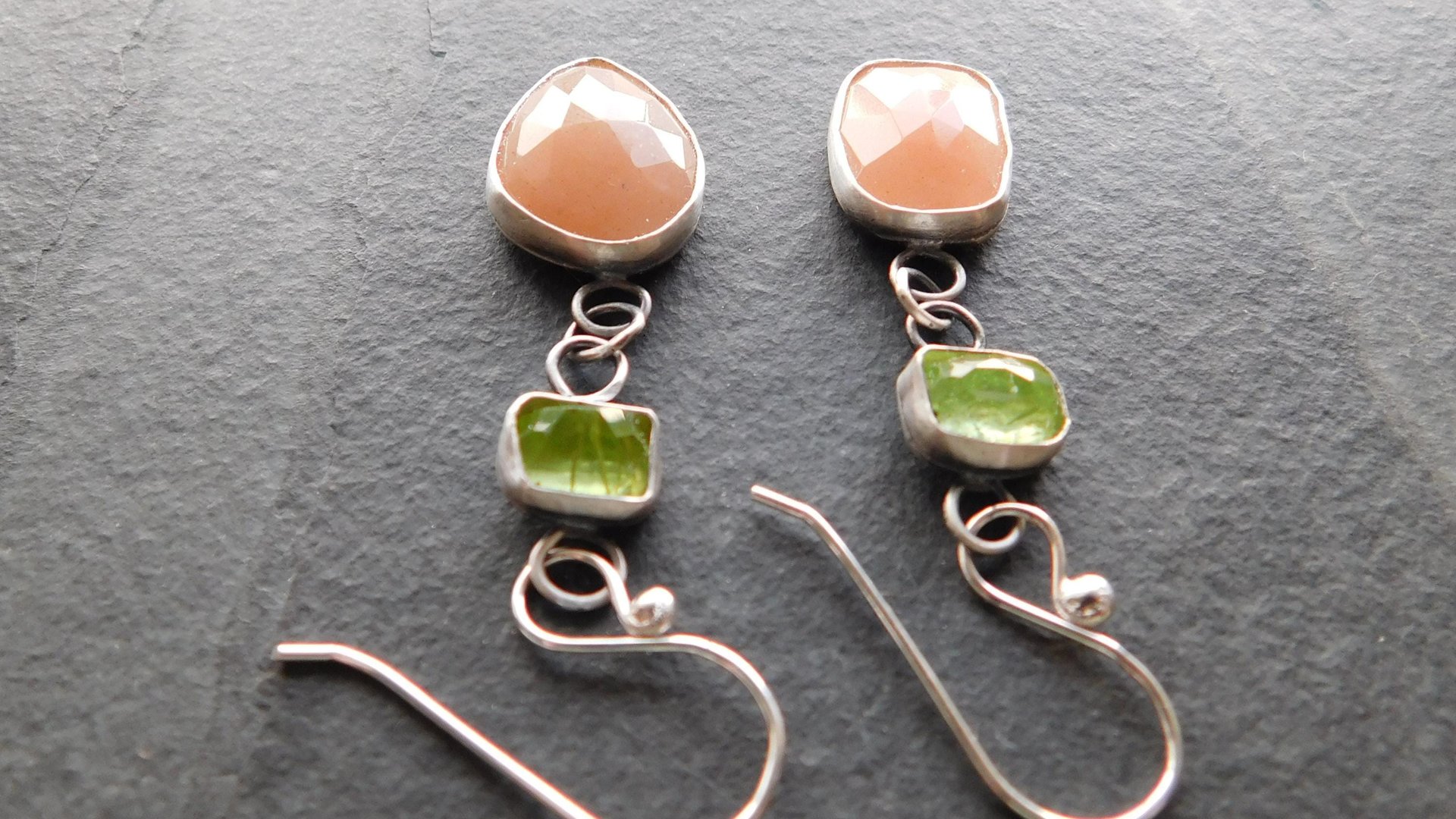 Peach Moonstone Lime Green Tourmaline Oxidized Sterling Silver Mismatched Dangle Earrings