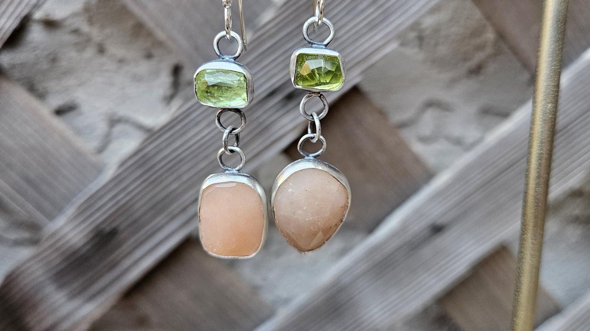 Peach Moonstone Lime Green Tourmaline Oxidized Sterling Silver Mismatched Dangle Earrings