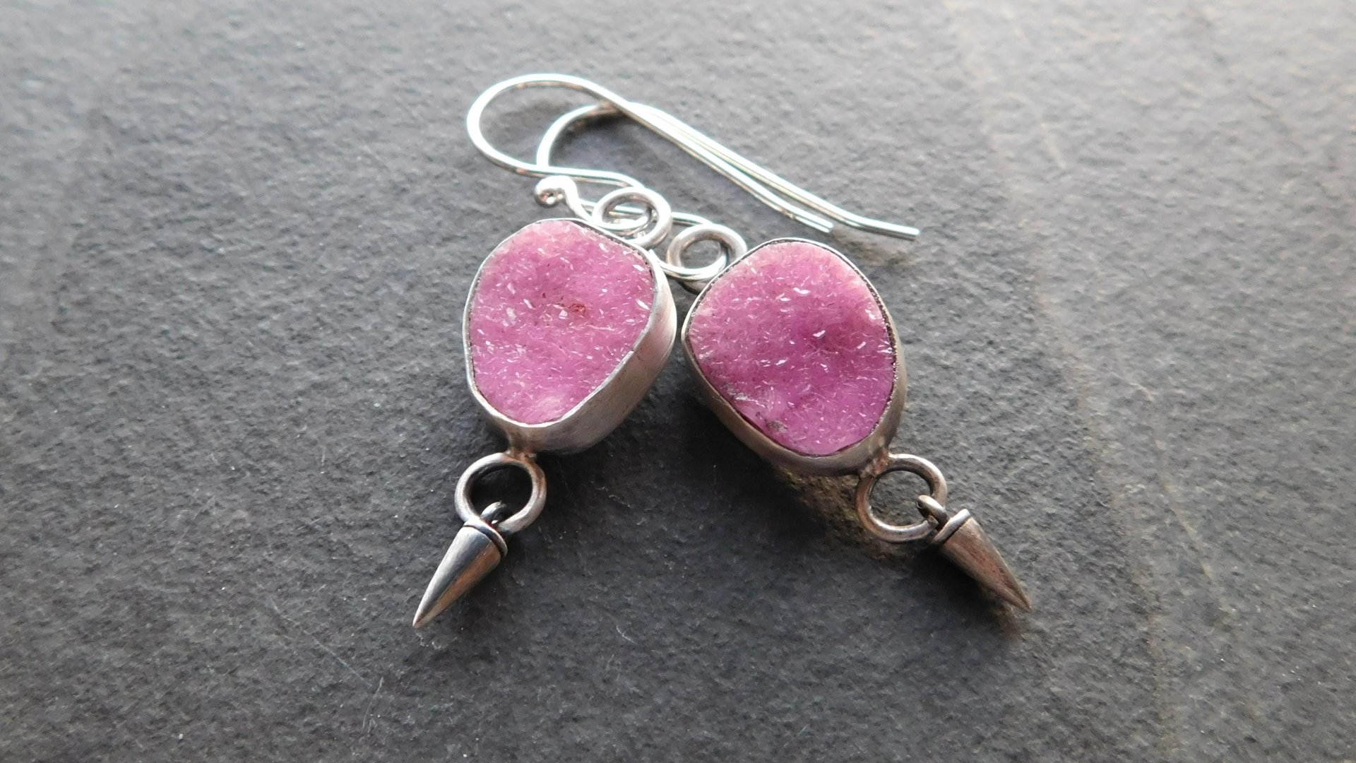 Fuchsia Pink Cobalto Calcite Druzy Oxidized Sterling Silver Dangle Earrings