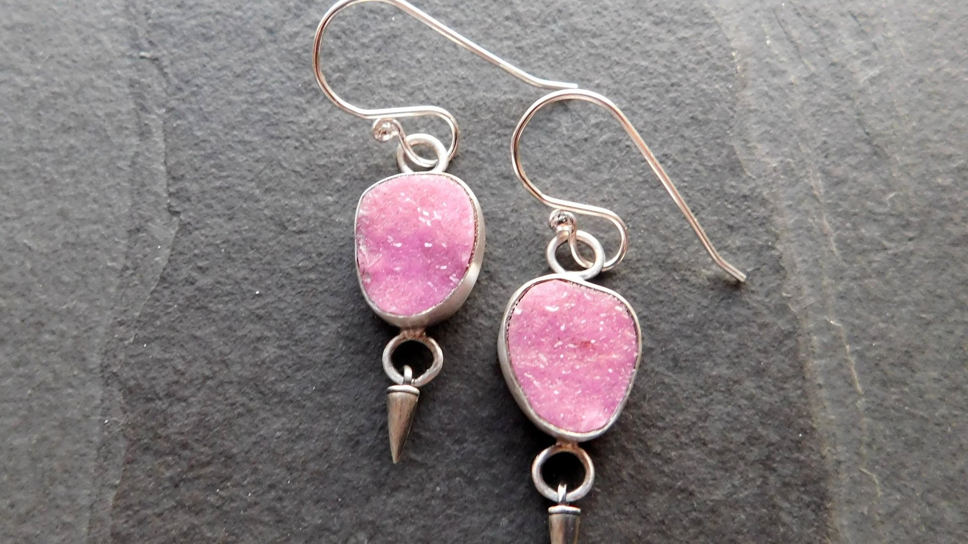 Fuchsia Pink Cobalto Calcite Druzy Oxidized Sterling Silver Dangle Earrings