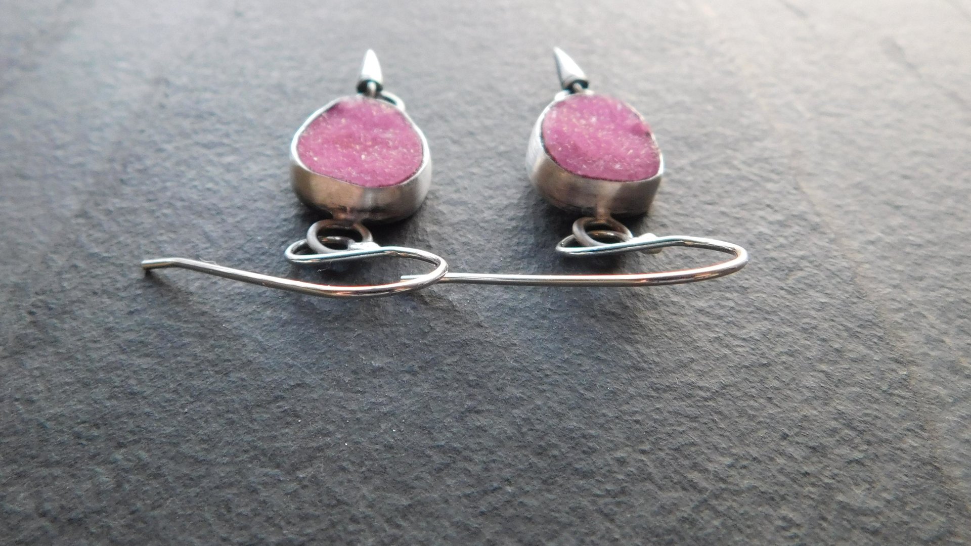 Fuchsia Pink Cobalto Calcite Druzy Oxidized Sterling Silver Dangle Earrings