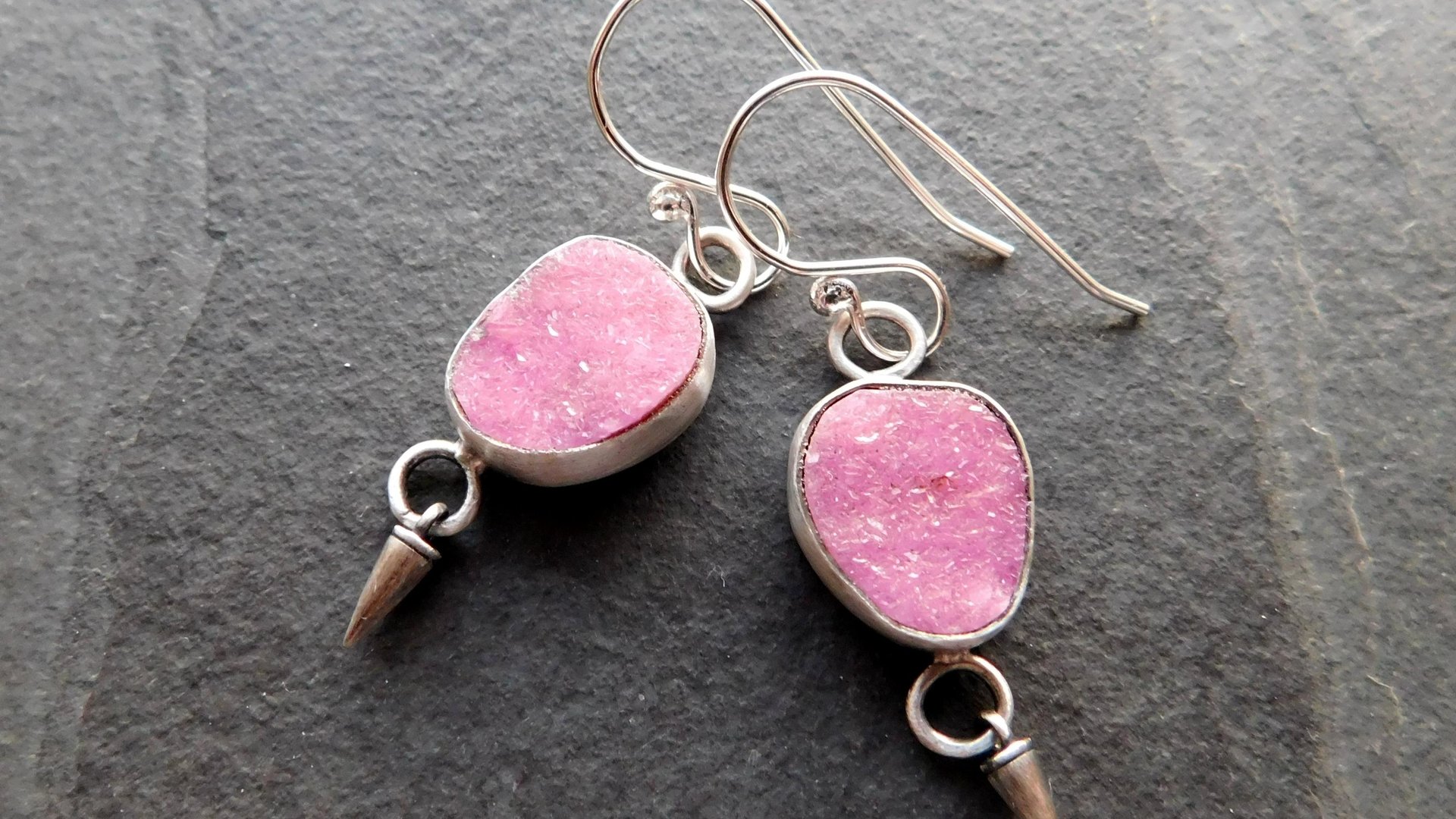Fuchsia Pink Cobalto Calcite Druzy Oxidized Sterling Silver Dangle Earrings