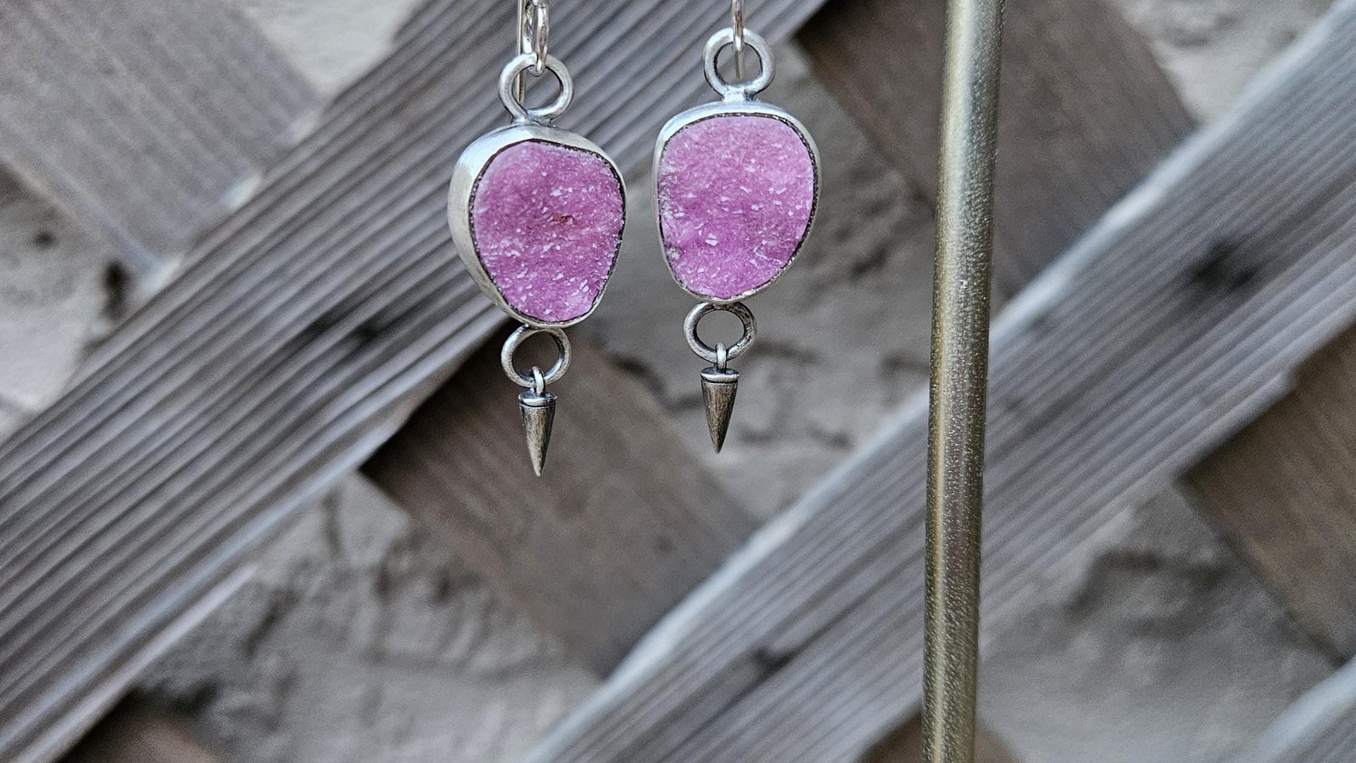Fuchsia Pink Cobalto Calcite Druzy Oxidized Sterling Silver Dangle Earrings