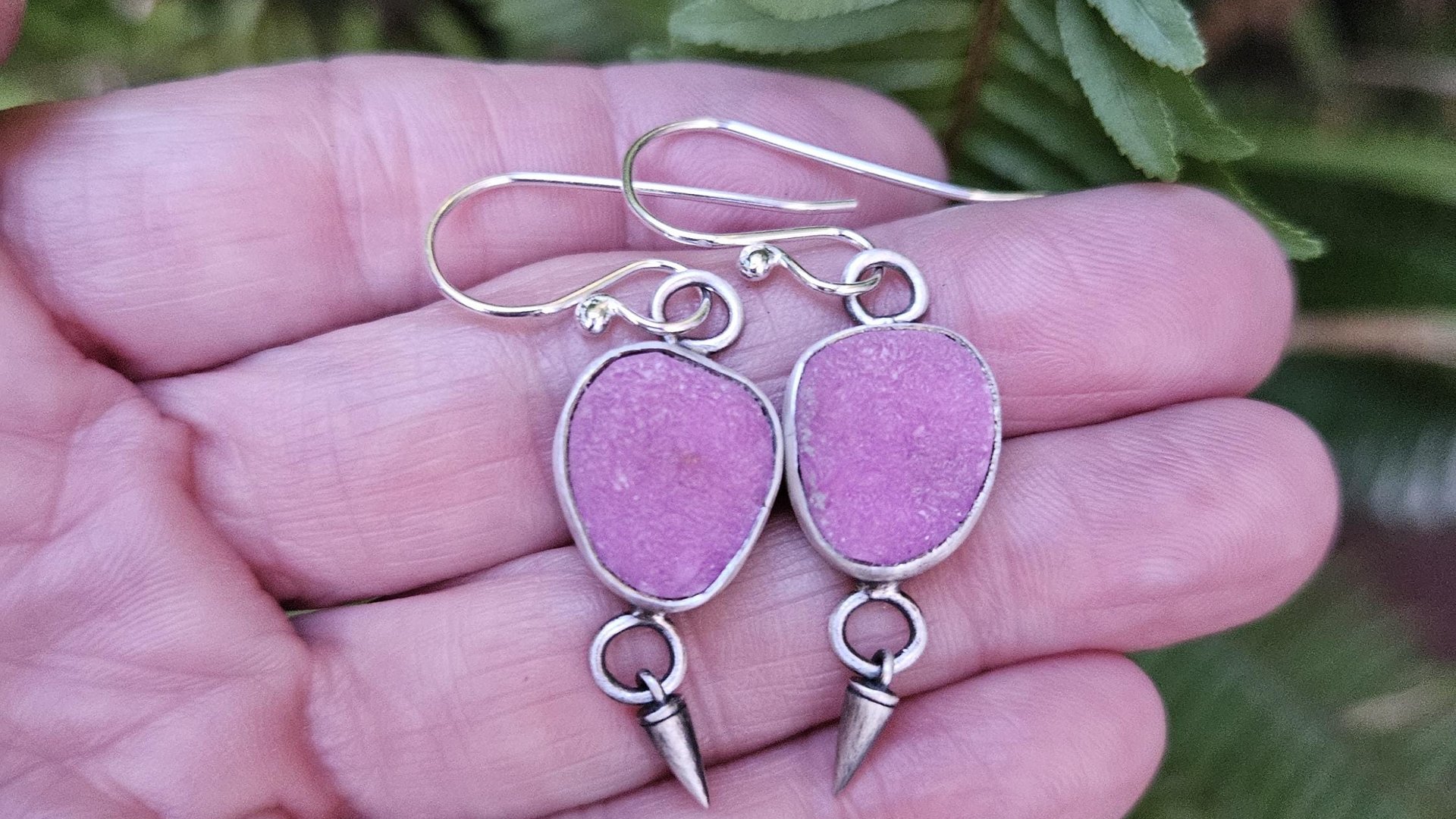 Fuchsia Pink Cobalto Calcite Druzy Oxidized Sterling Silver Dangle Earrings