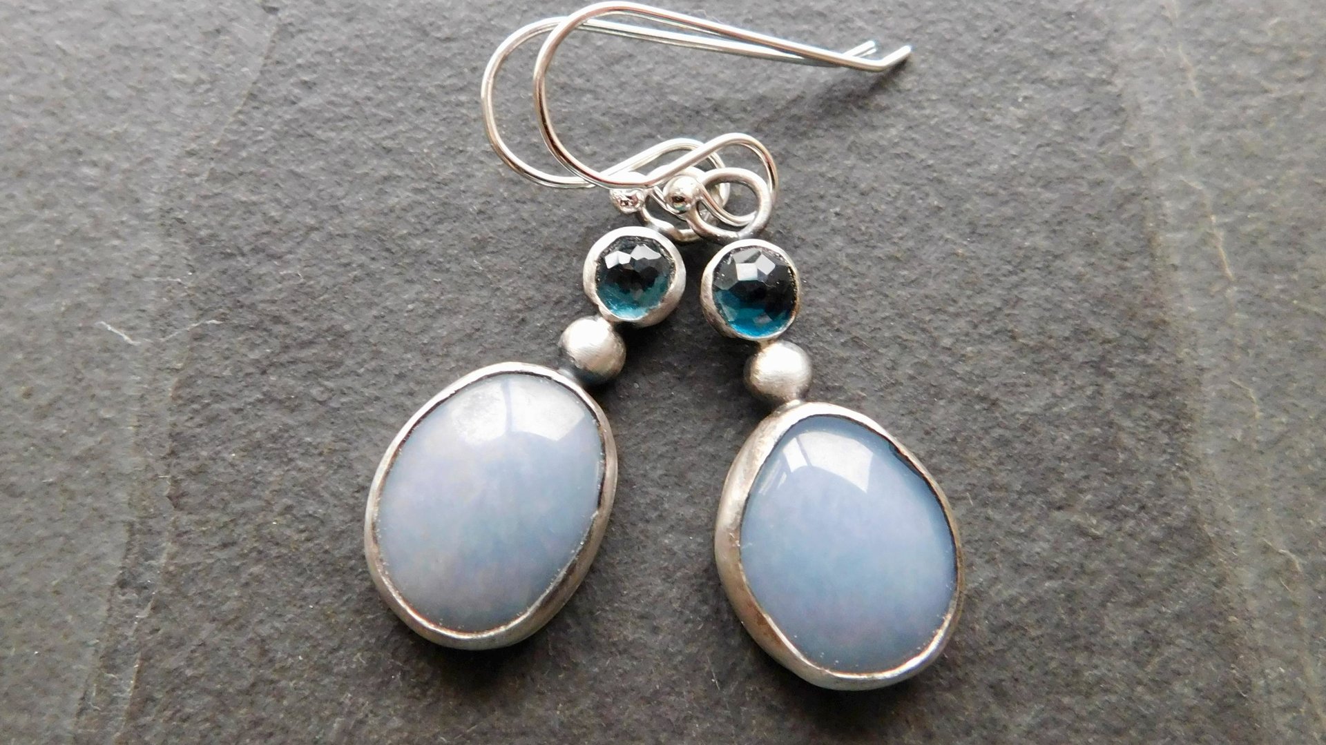 Pale Blue Grey Angelite London Blue Topaz Sterling Silver Shades Of Blue Dangle Earrings