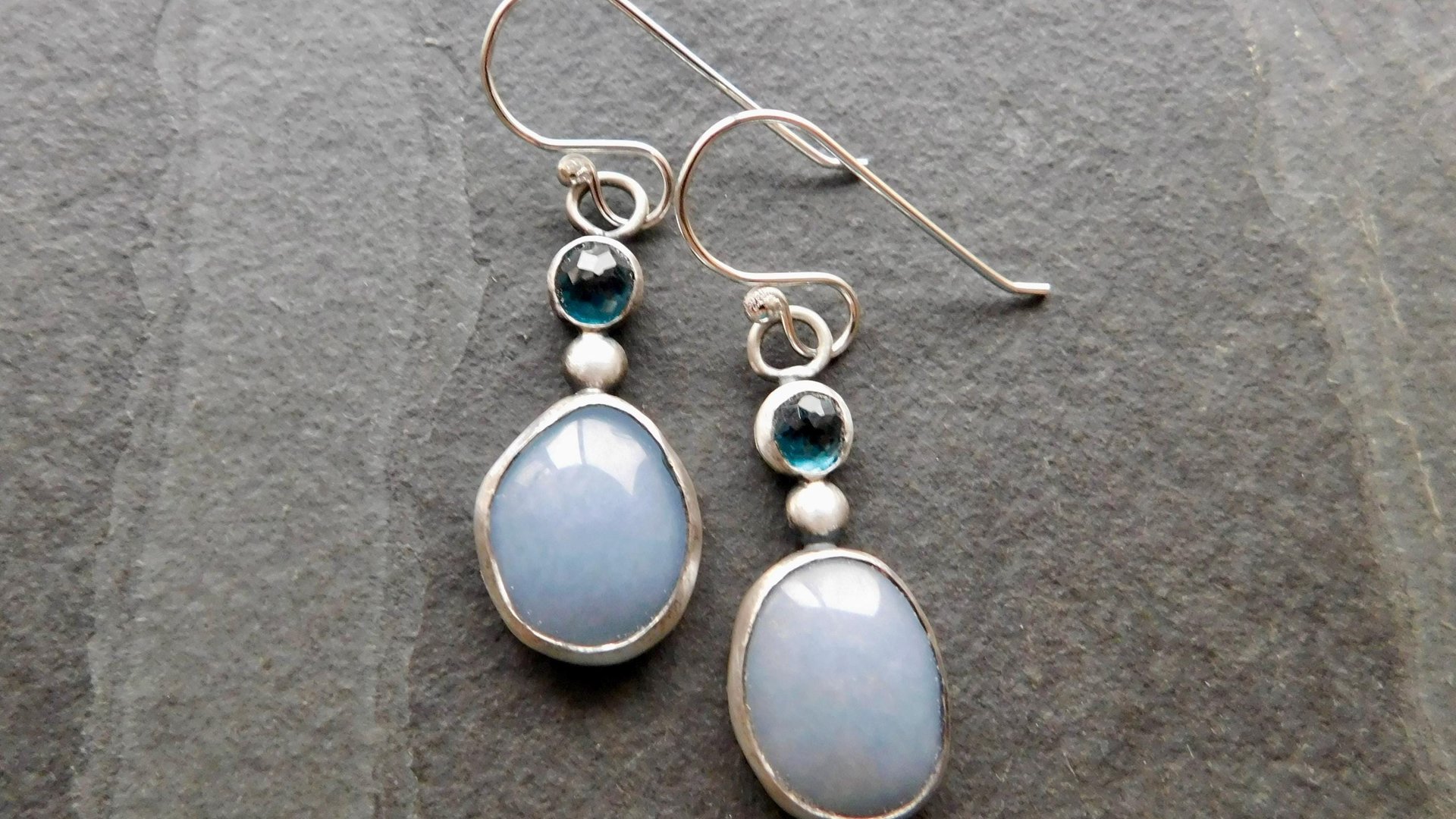 Pale Blue Grey Angelite London Blue Topaz Sterling Silver Shades Of Blue Dangle Earrings