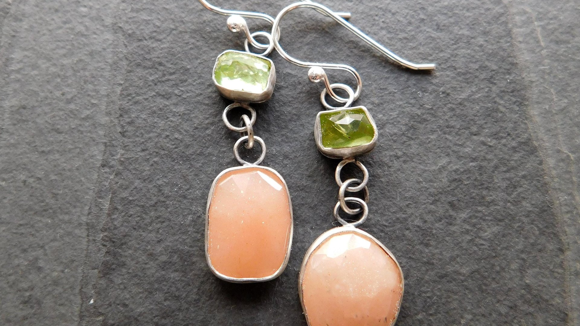 Peach Moonstone Lime Green Tourmaline Oxidized Sterling Silver Mismatched Dangle Earrings