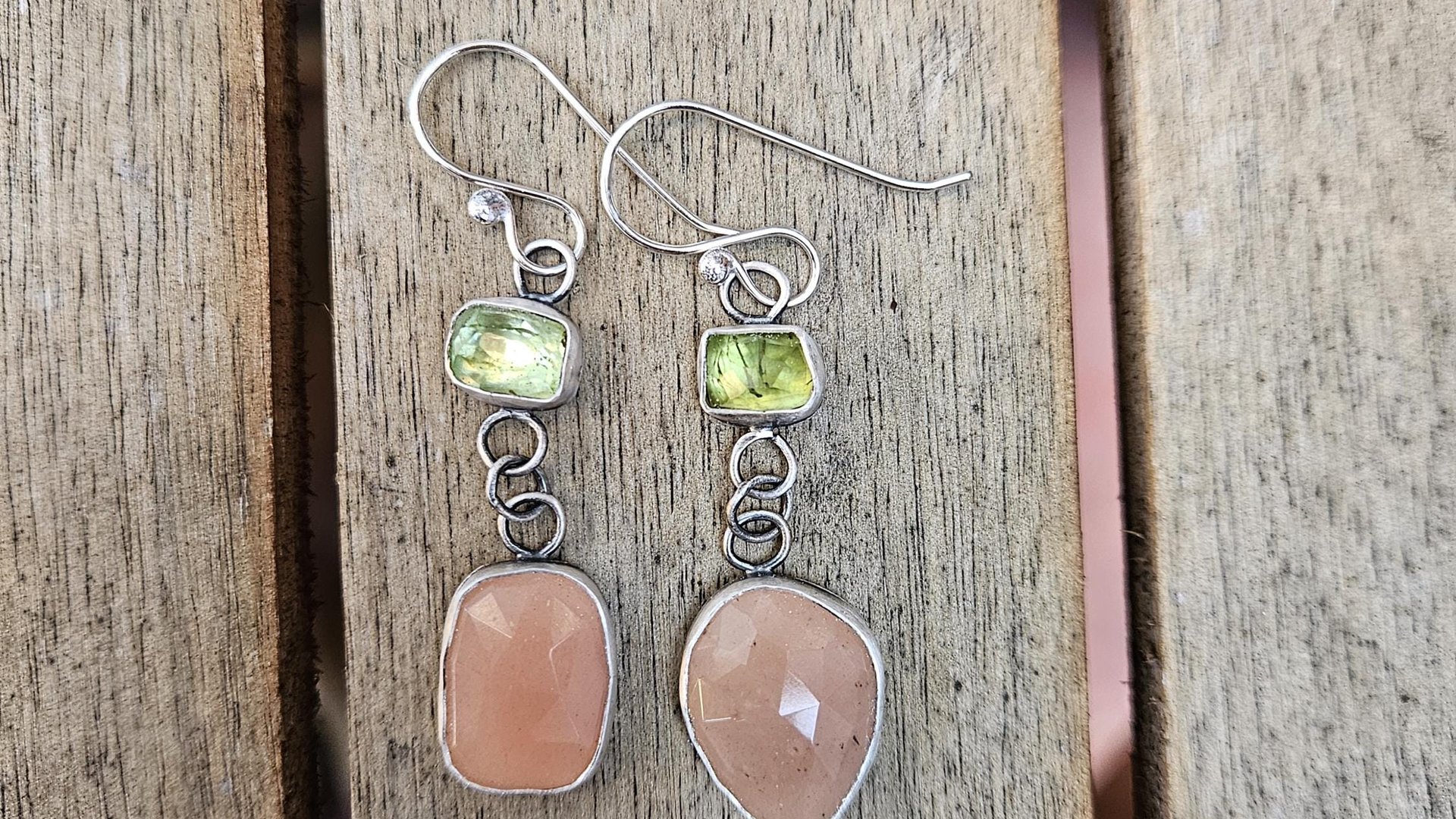 Peach Moonstone Lime Green Tourmaline Oxidized Sterling Silver Mismatched Dangle Earrings