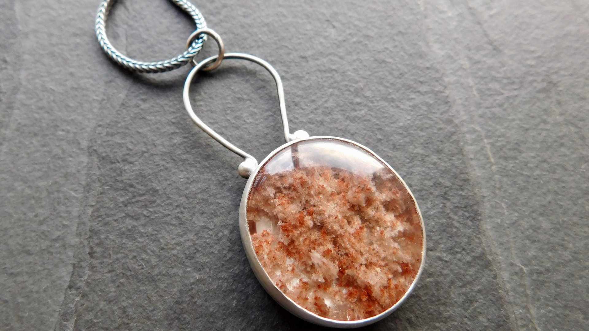 Rust Red Moss Agate Oxidized Brushed Sterling Silver Mossy Garden Pendant Necklace