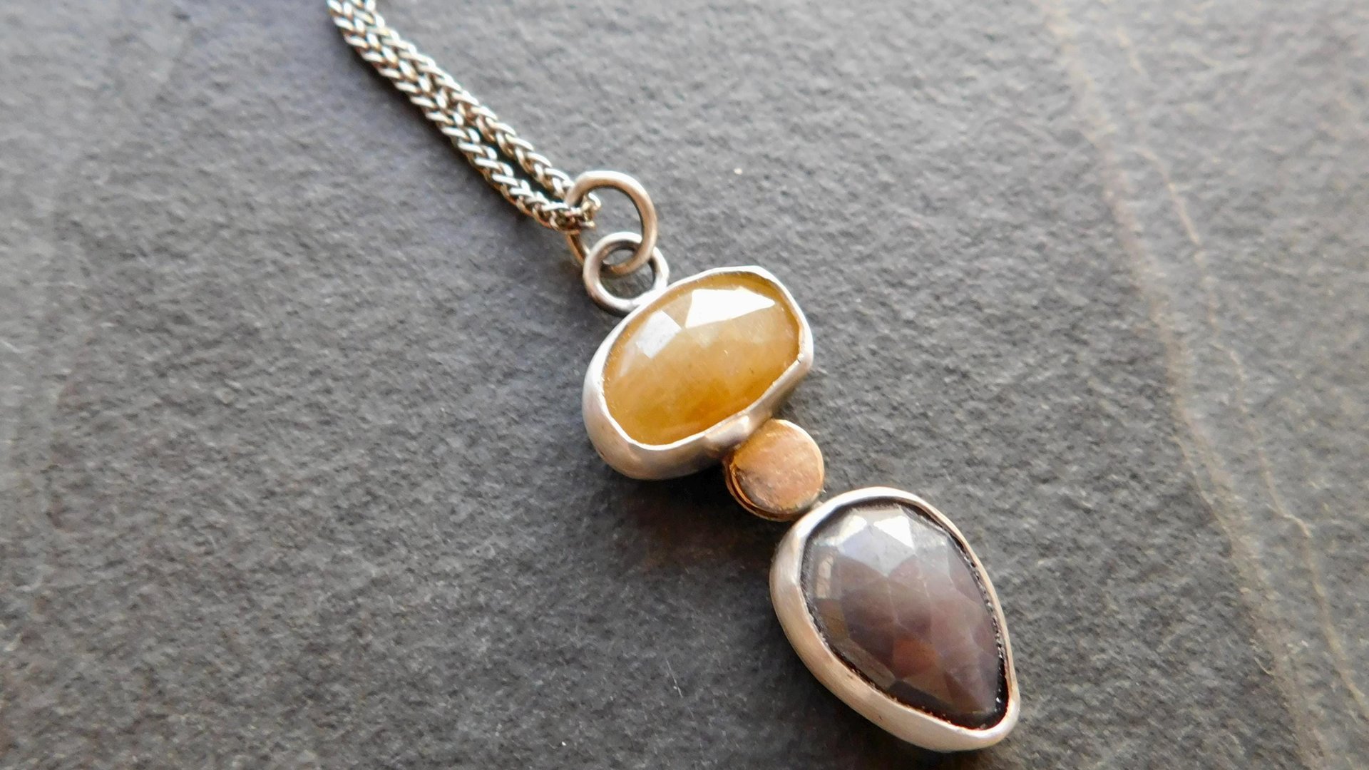 Butterscotch Yellow Slate Gray Multi Sapphire Sterling Silver 14K Gold Accent Pendant Necklace