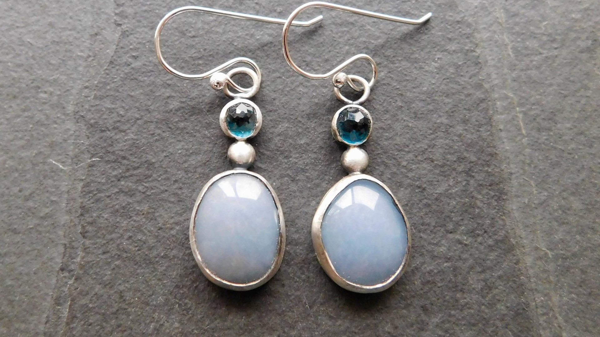 Pale Blue Grey Angelite London Blue Topaz Sterling Silver Shades Of Blue Dangle Earrings