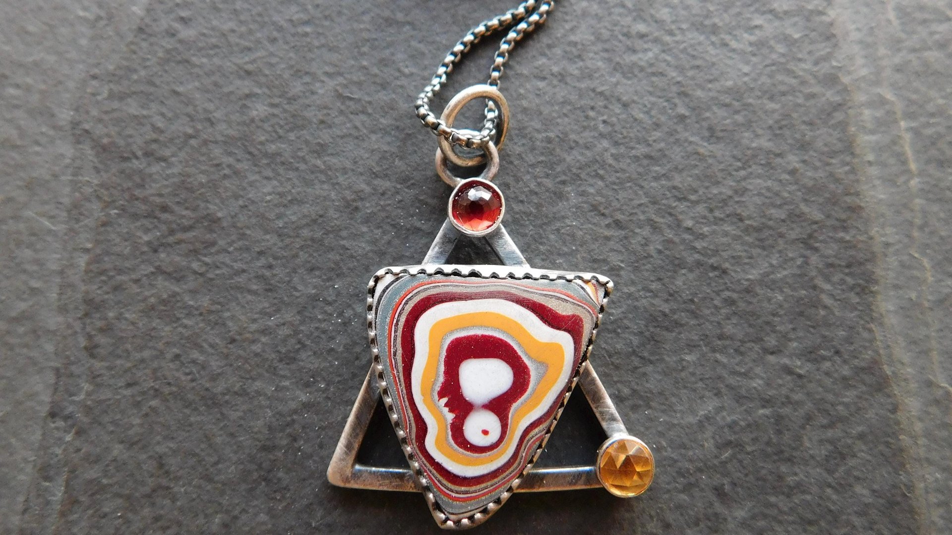 Red Yellow Fordite Detroit Agate Garnet Citrine Oxidized Sterling Silver Modernist Asymmetrical Pendant Necklace