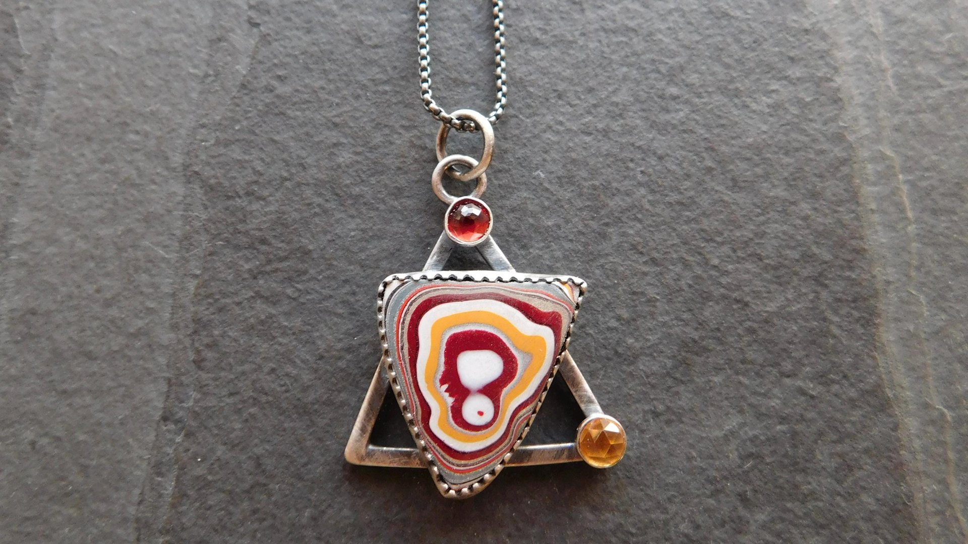 Red Yellow Fordite Detroit Agate Garnet Citrine Oxidized Sterling Silver Modernist Asymmetrical Pendant Necklace