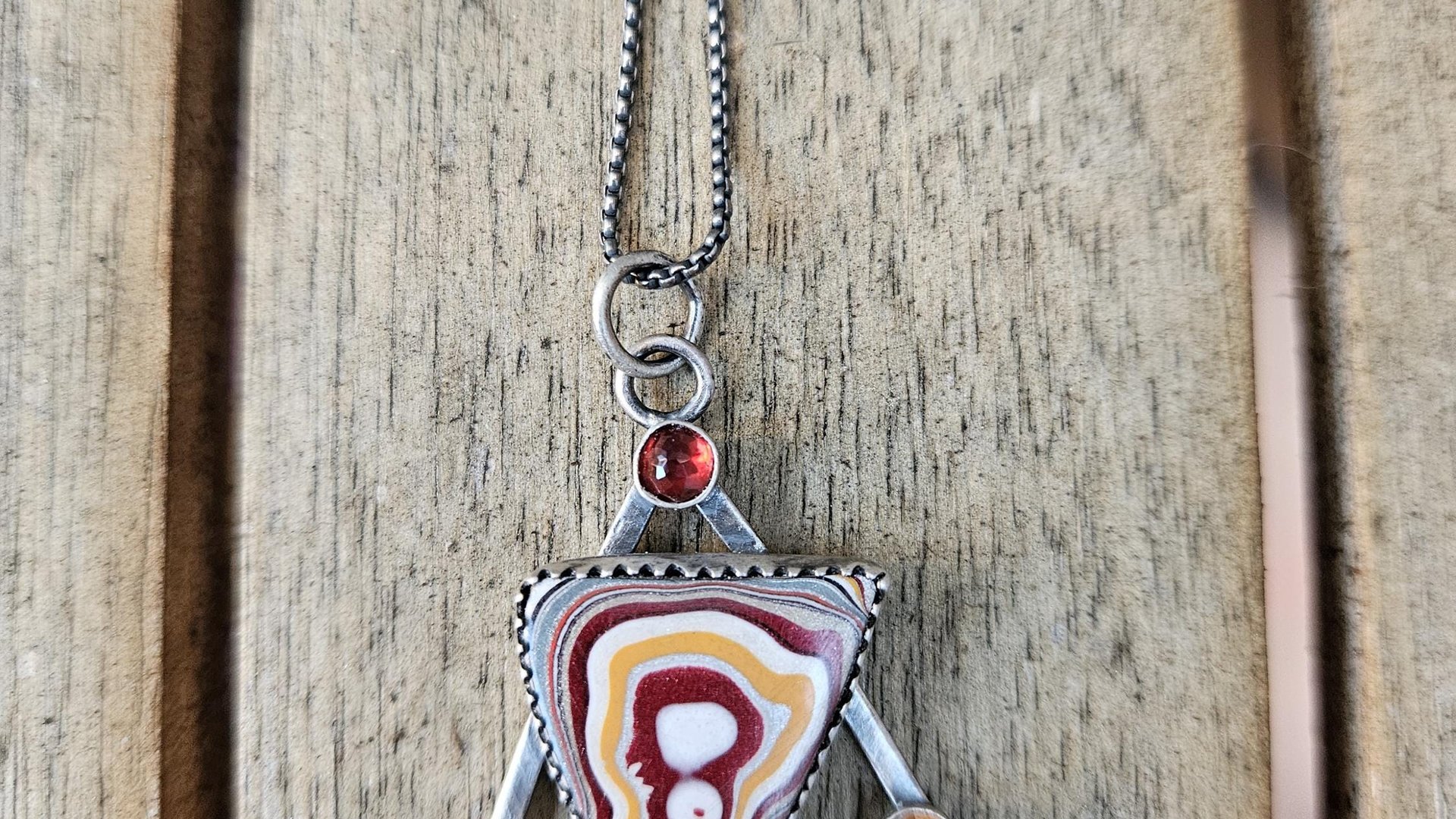 Red Yellow Fordite Detroit Agate Garnet Citrine Oxidized Sterling Silver Modernist Asymmetrical Pendant Necklace