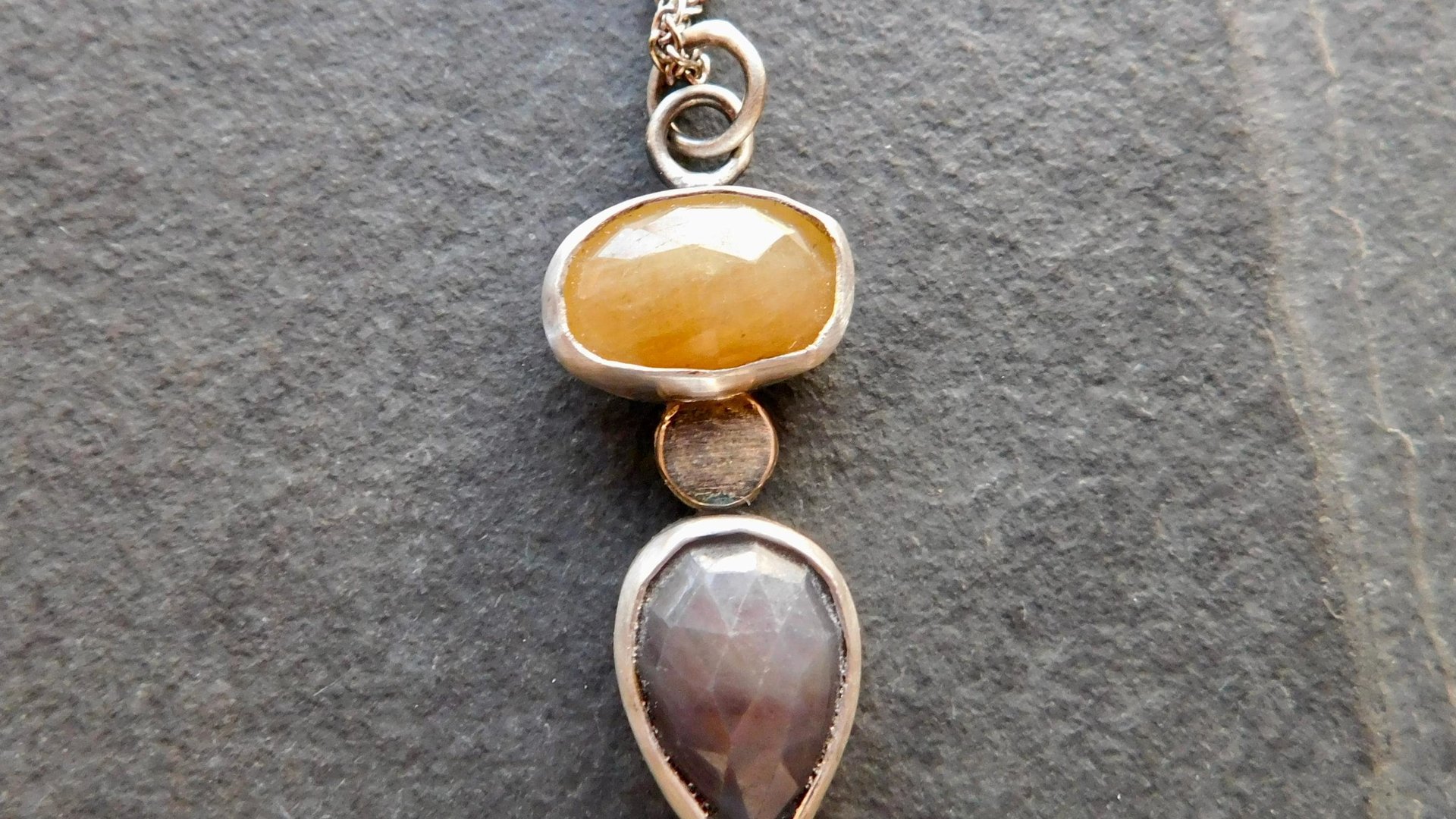 Butterscotch Yellow Slate Gray Multi Sapphire Sterling Silver 14K Gold Accent Pendant Necklace