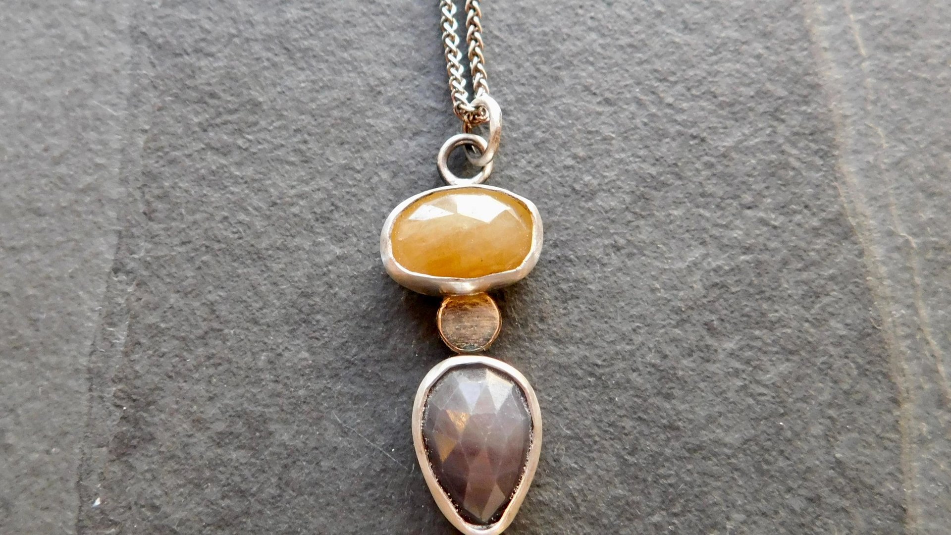 Butterscotch Yellow Slate Gray Multi Sapphire Sterling Silver 14K Gold Accent Pendant Necklace
