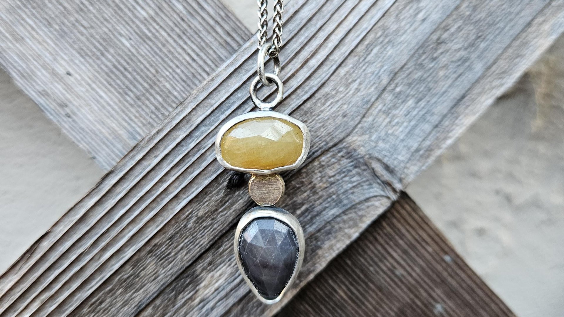 Butterscotch Yellow Slate Gray Multi Sapphire Sterling Silver 14K Gold Accent Pendant Necklace