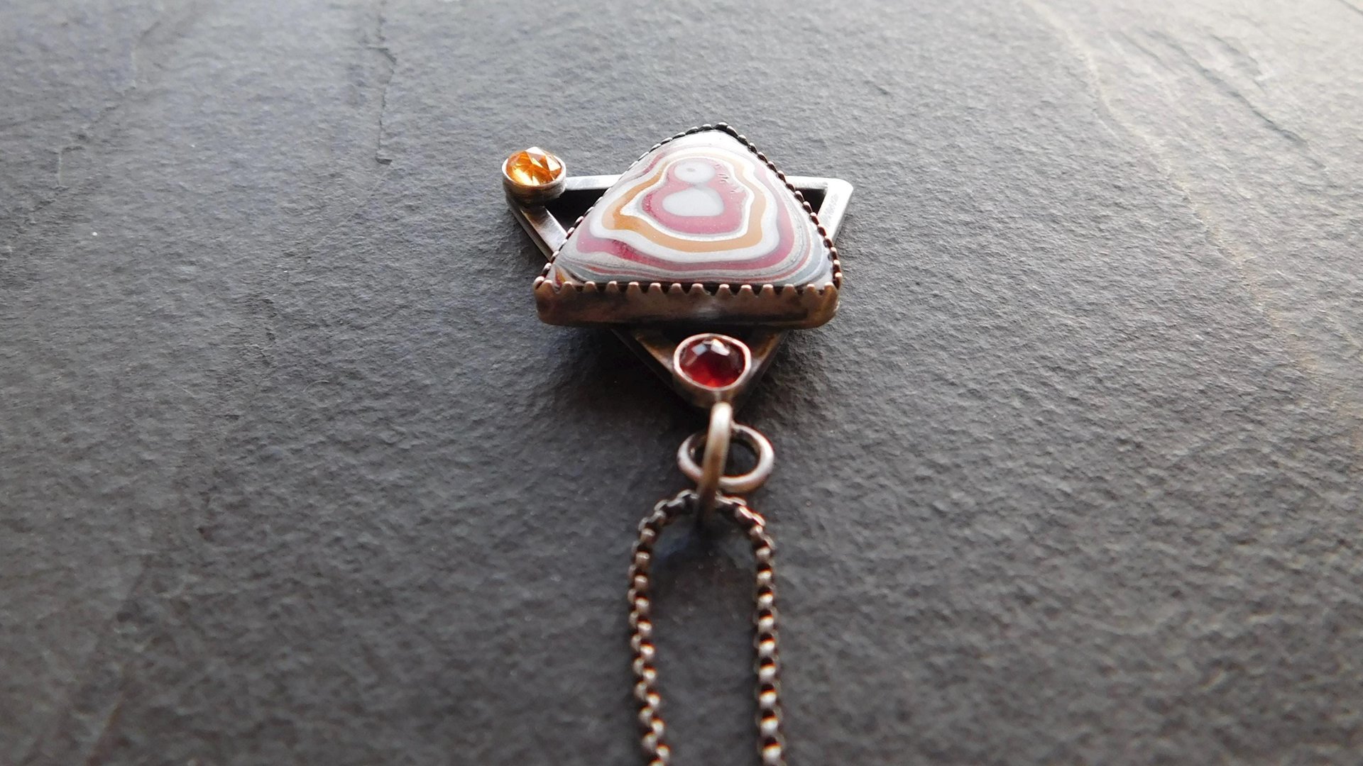 Red Yellow Fordite Detroit Agate Garnet Citrine Oxidized Sterling Silver Modernist Asymmetrical Pendant Necklace